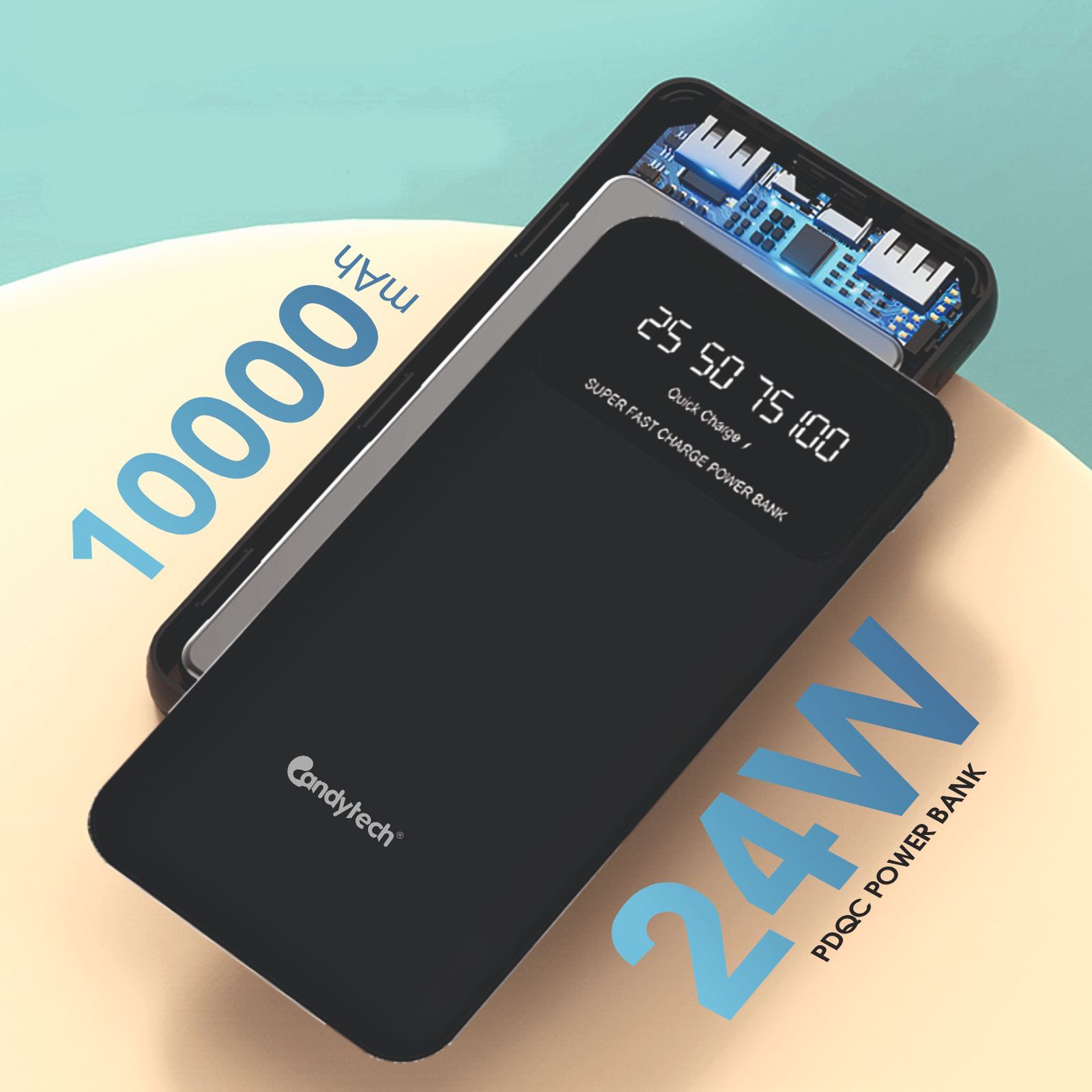 Candytech CTPB10PD 10000 mAh 24W Fast Charging Power Bank (2 Type A & 1 Type C Ports, Digital Display, Black)_5
