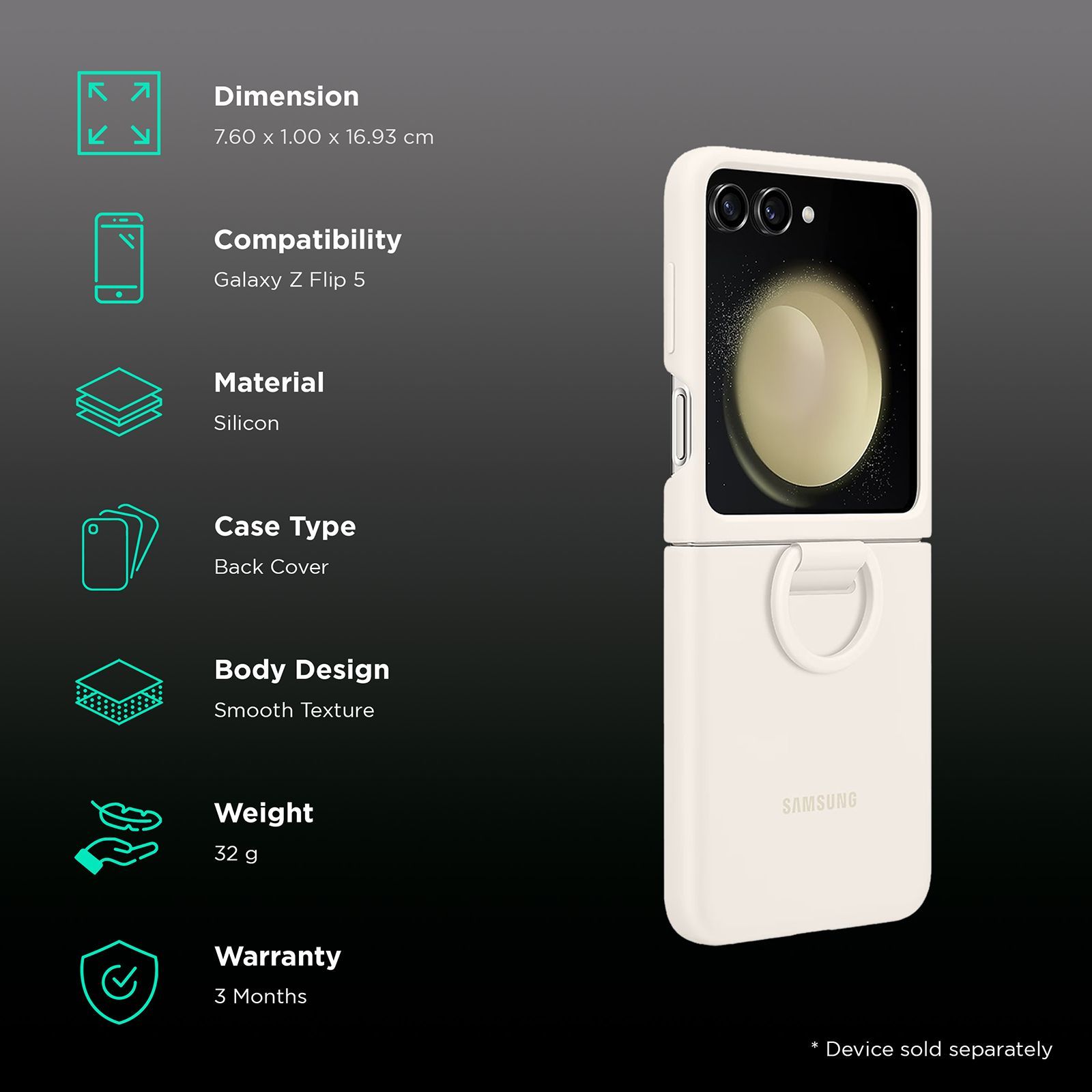 SAMSUNG Soft Silicone Back Case for Galaxy Z Flip5 (Ring Holder, Cream)_2