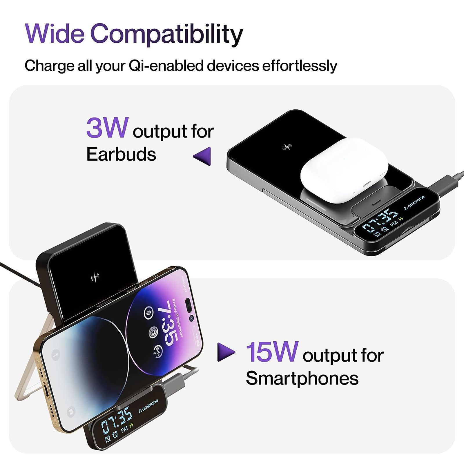 ambrane Powerpod Pro 15W Wireless Charger for iOS, Android, Earbuds and Smart Watch (Smart Power Management, Black)_7