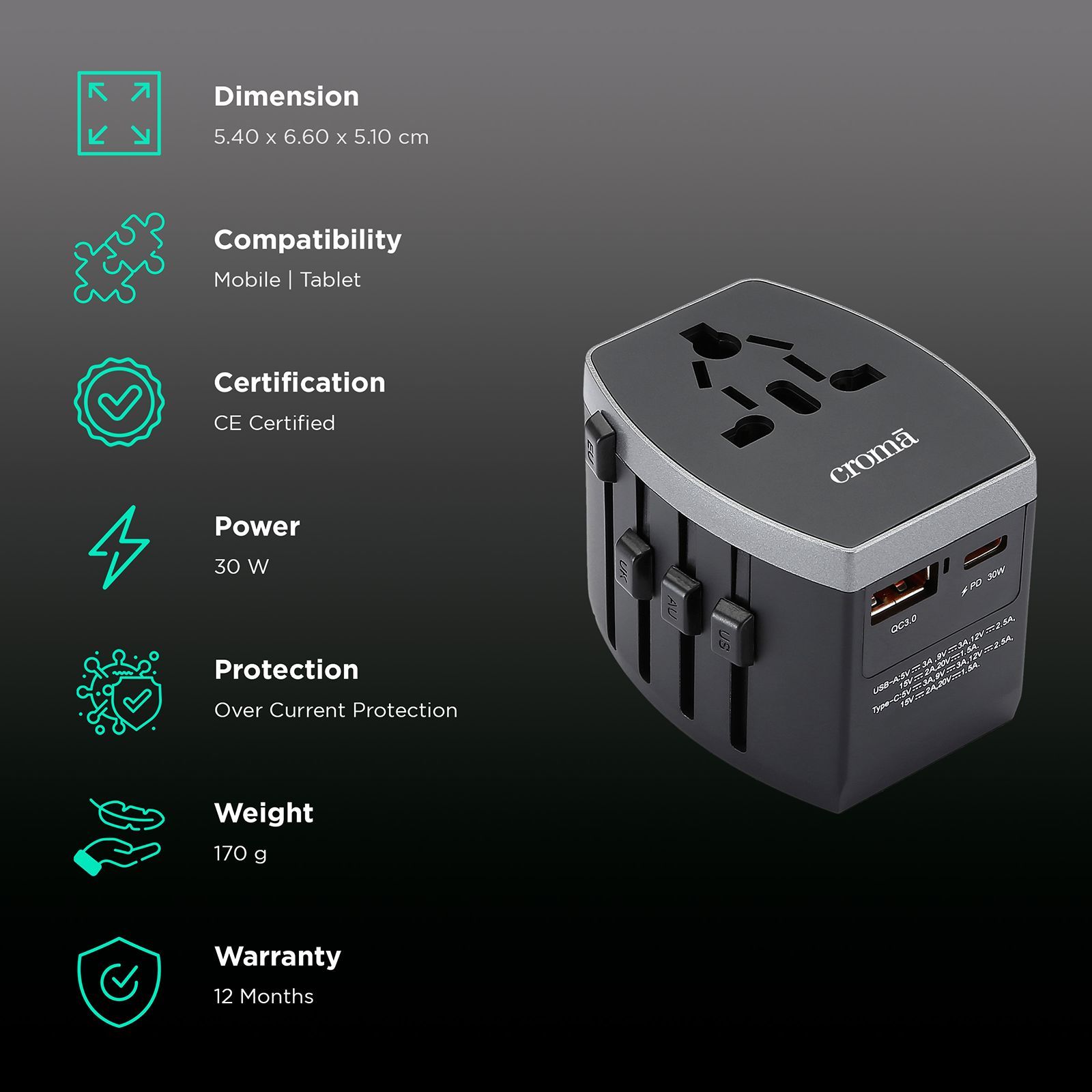 Croma 4 Plugs 150 Countries Travel Adapter (Over Current Protection, CRST30WUTA014802, Black)_2