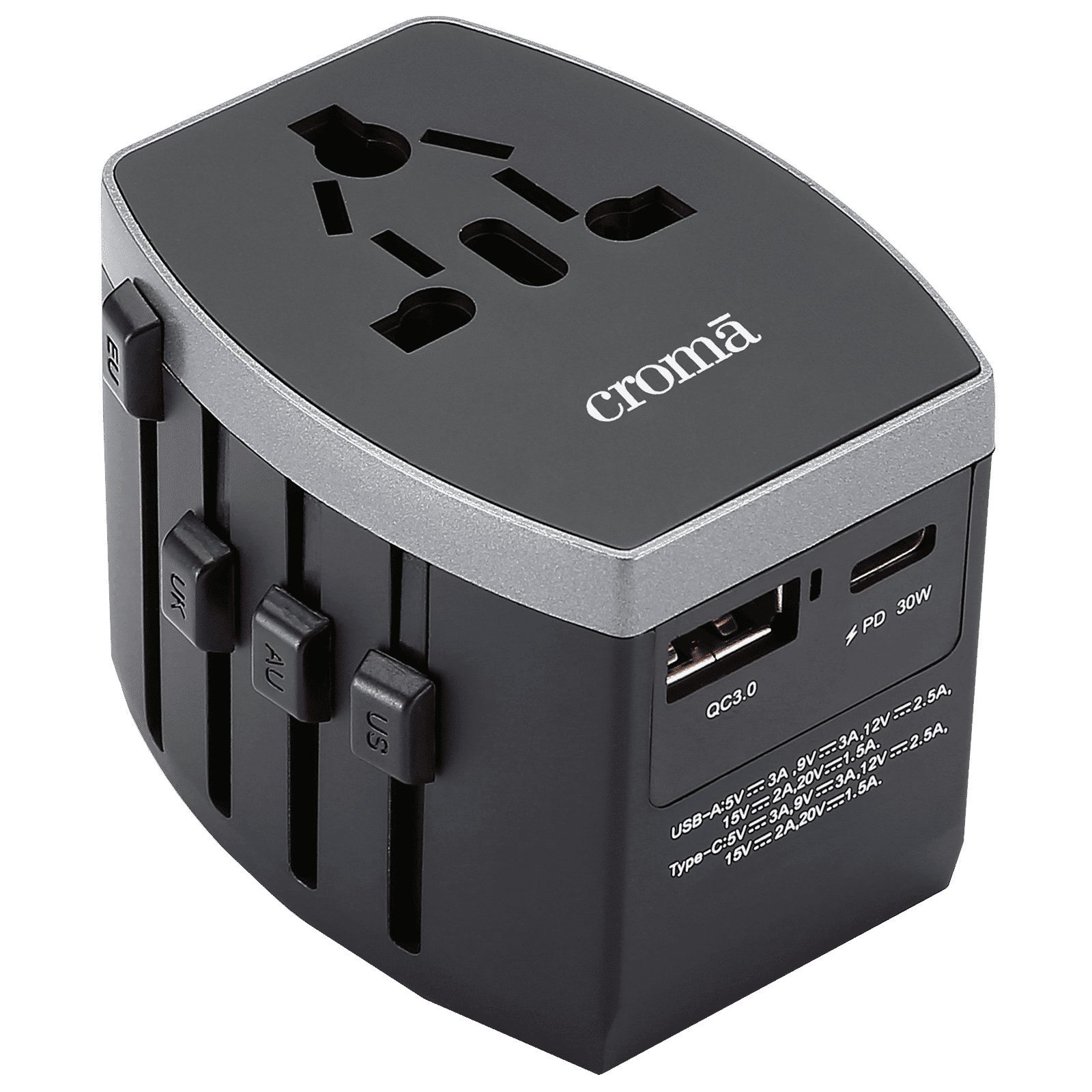 Croma 4 Plugs 150 Countries Travel Adapter (Over Current Protection, CRST30WUTA014802, Black)_3