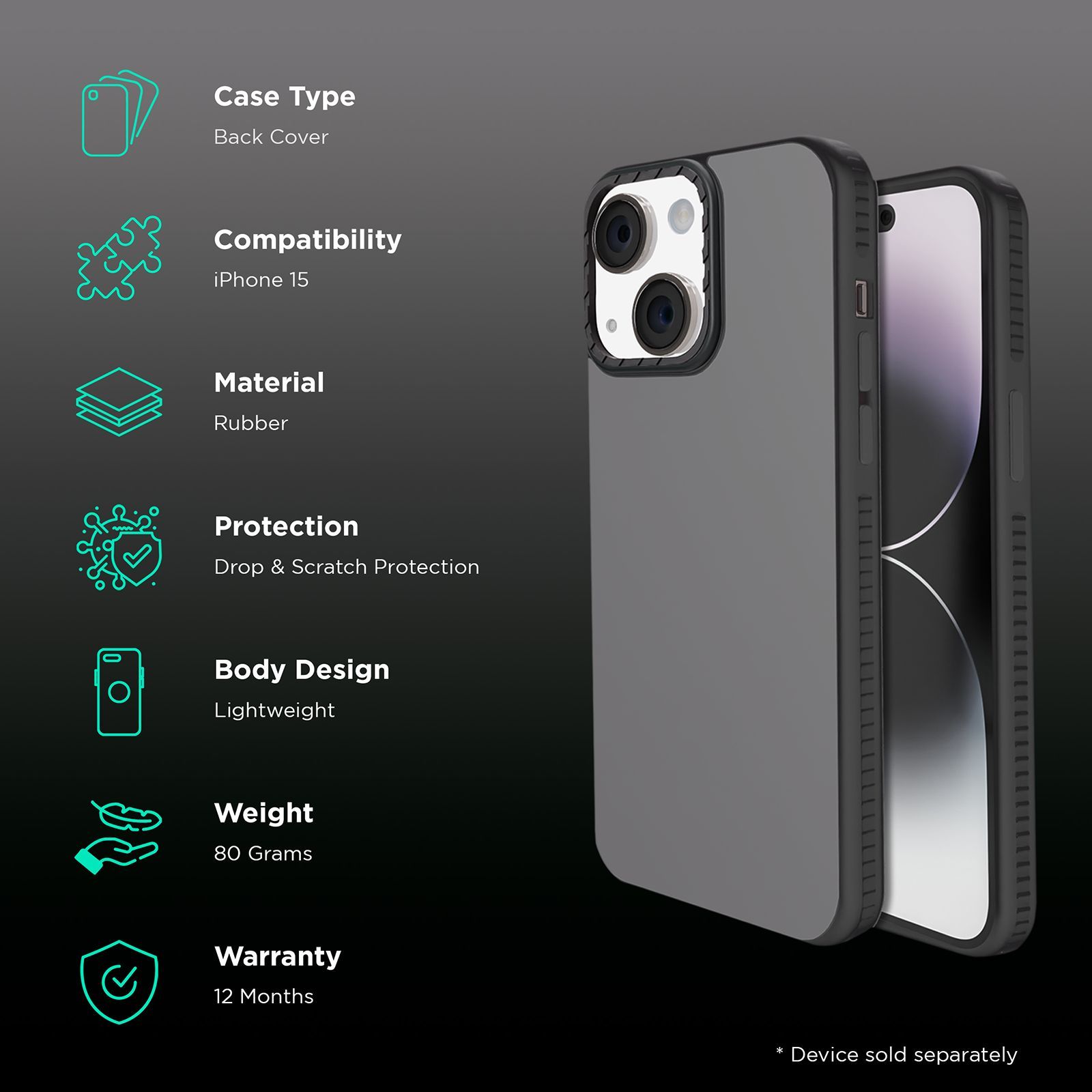 GRIPP Alpine Rubber Back Cover for Apple iPhone 15 (Scratch Protection, Black)_2