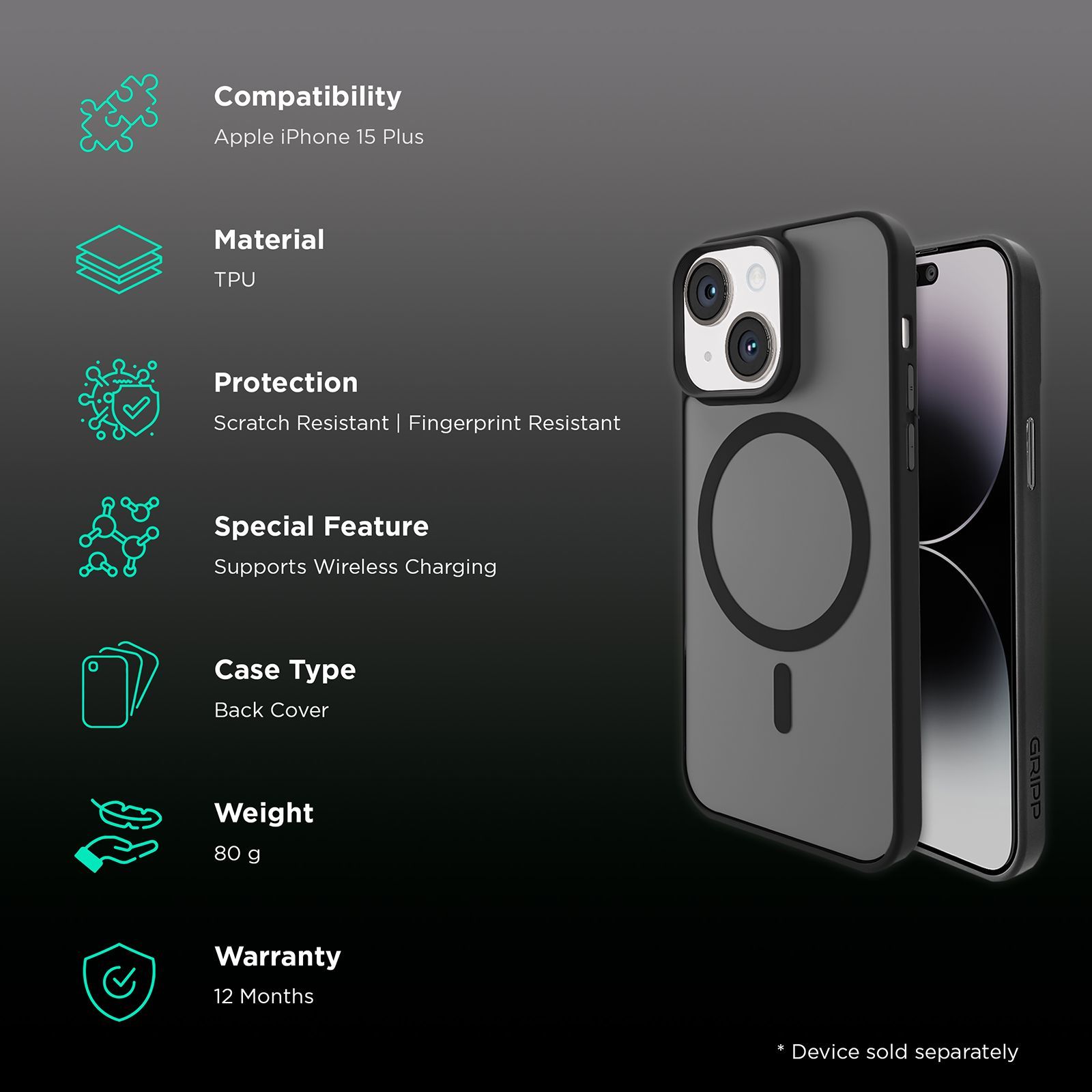 GRIPP Bolt Hard TPU Back Cover for Apple iPhone 15 Plus (MagSafe Compatible, Black)_2