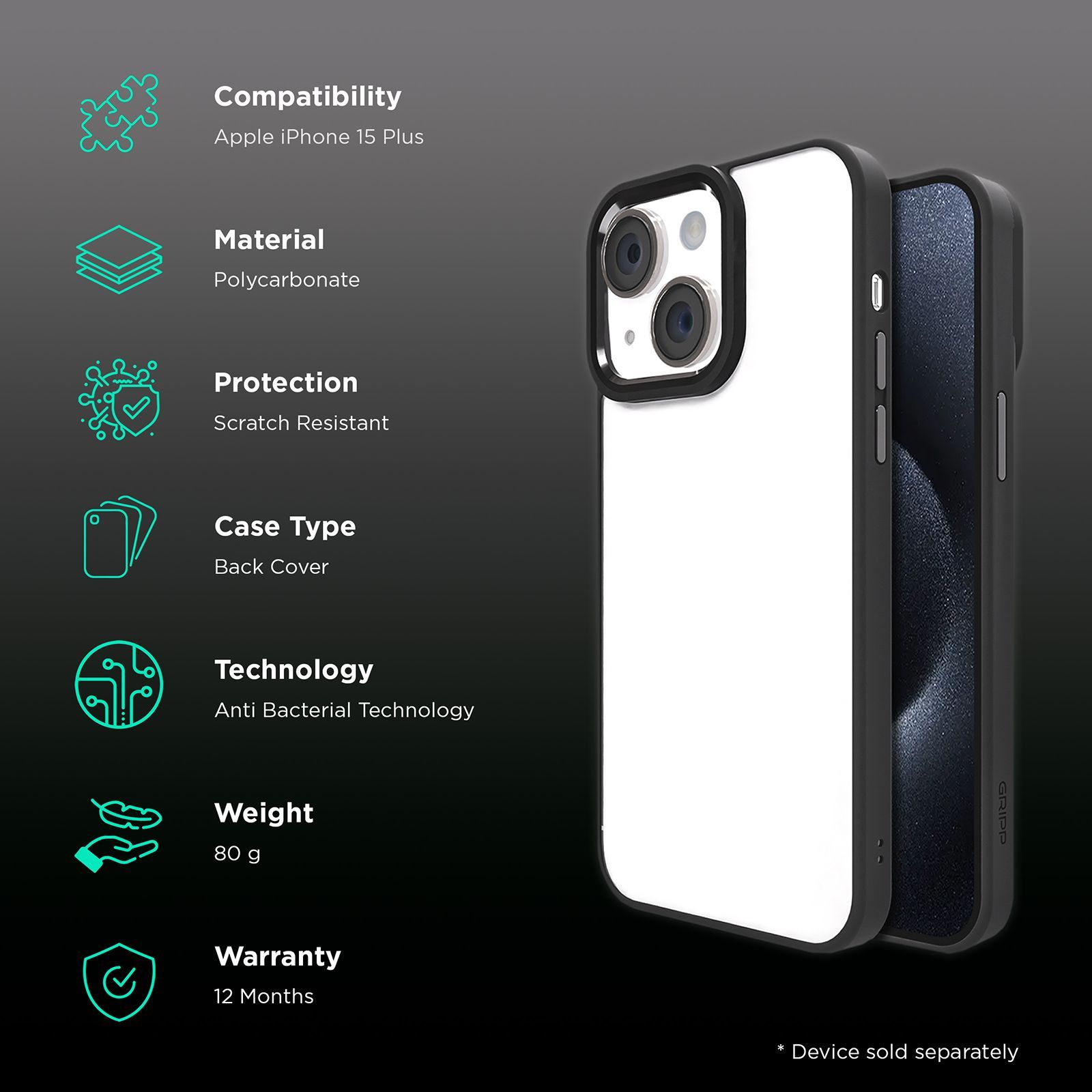 GRIPP Clarion Hard Polycarbonate Back Cover for Apple iPhone 15 Plus (Anti Bacterial Technology, Black)_2