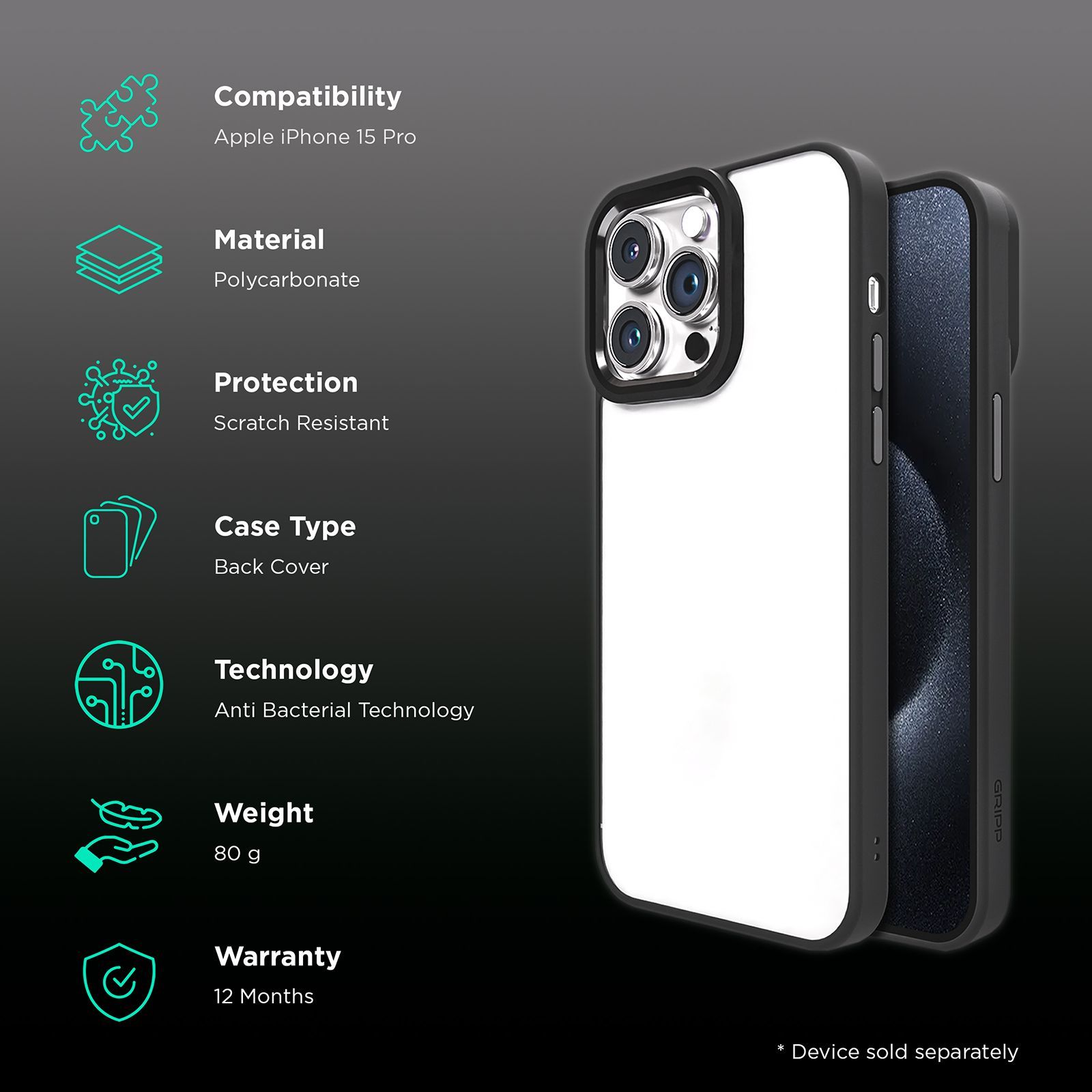 GRIPP Clarion Hard Polycarbonate Back Cover for Apple iPhone 15 Pro (Anti Bacterial Technology, Black)_2