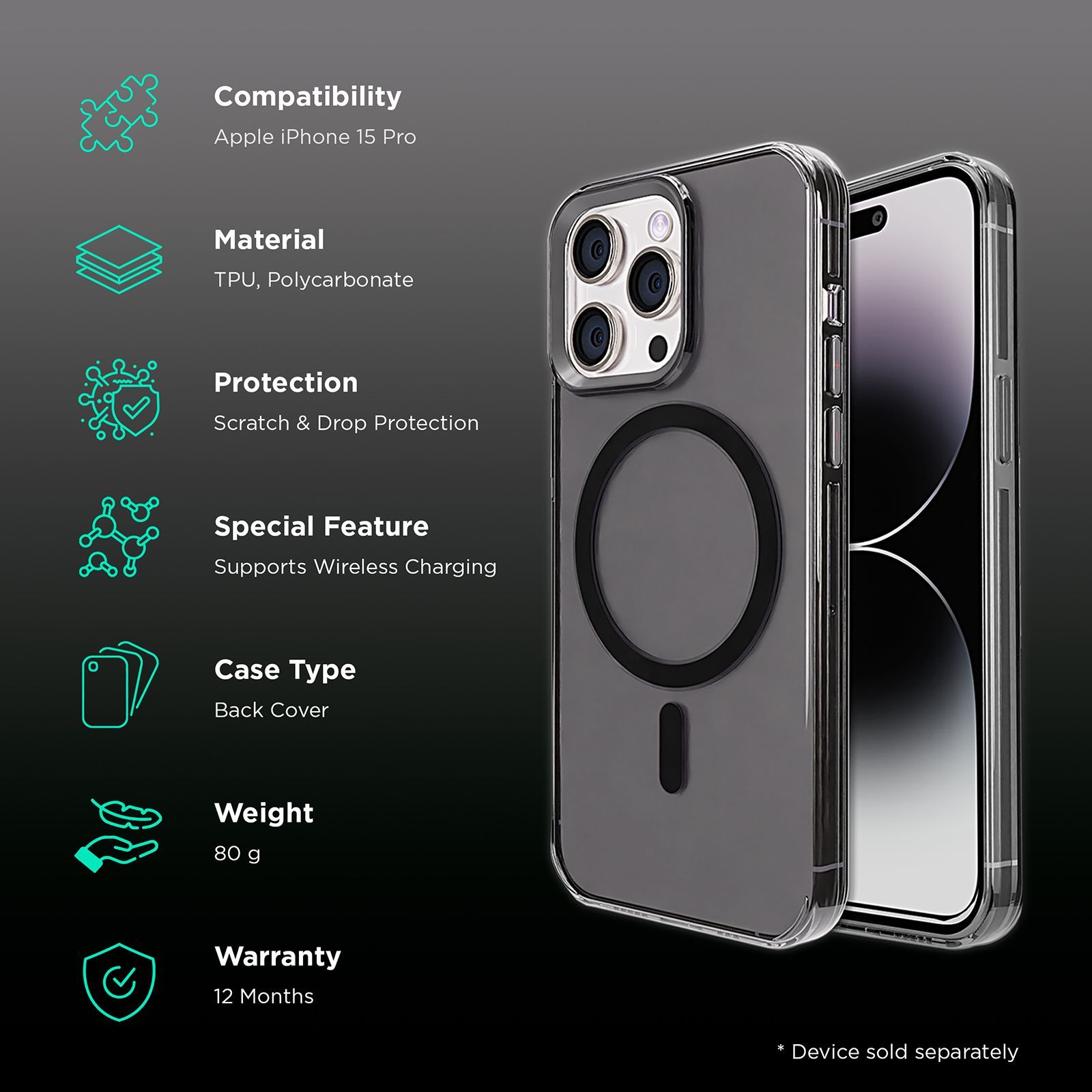 GRIPP Neo Xtreme Hard TPU & Polycarbonate Back Cover for Apple iPhone 15 Pro (MagSafe Compatible, Smoke)_2