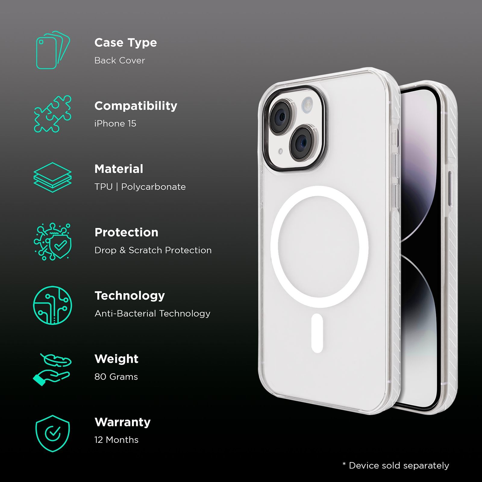 GRIPP Combat TPU & Polycarbonate Back Cover for Apple iPhone 15 (MagSafe Compatible, Clear)_2