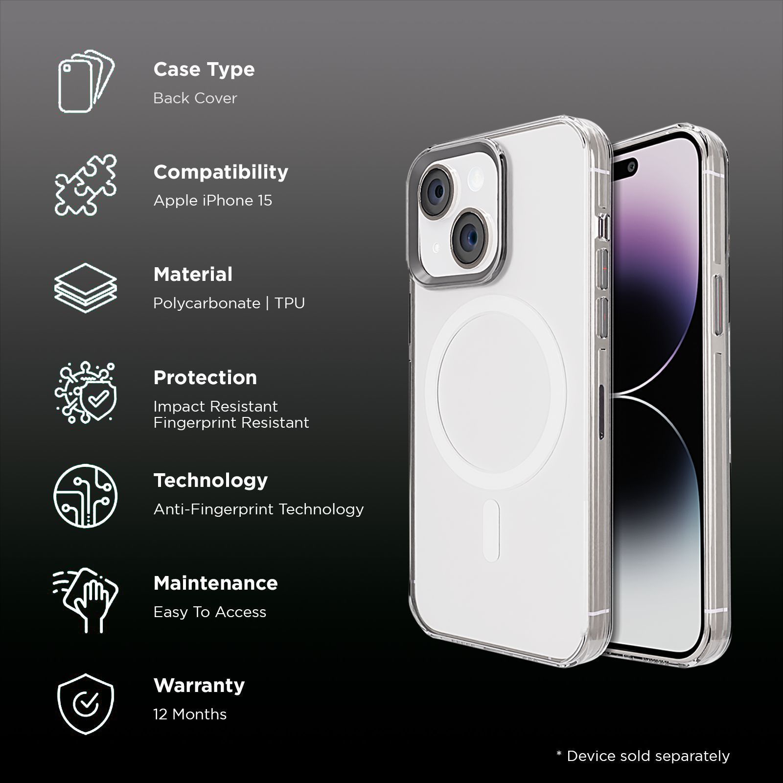 GRIPP Neo Xtreme Hard Polycarbonate Back Cover for Apple iPhone 15 (MagSafe Compatible, Clear)_2