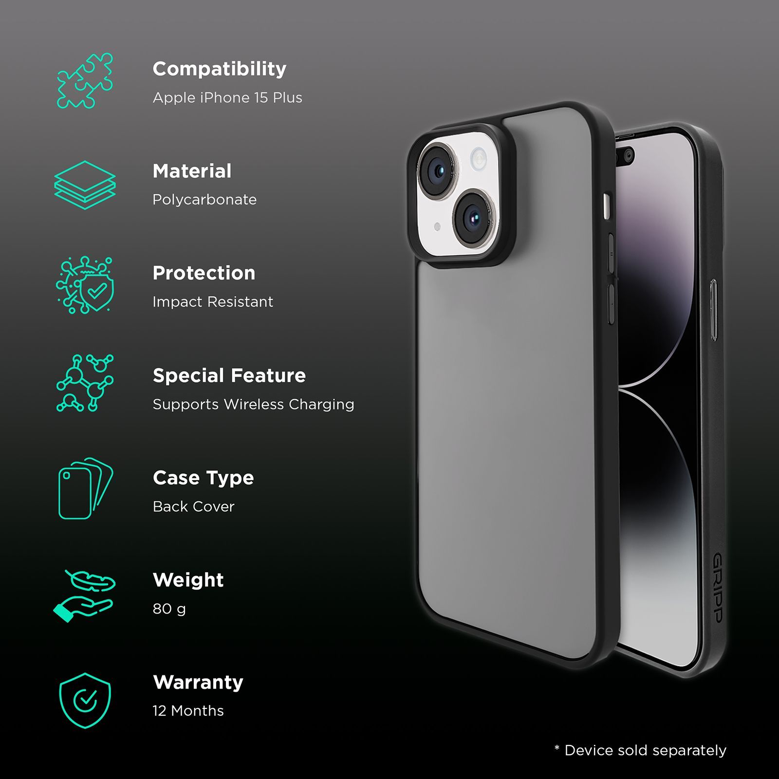 GRIPP Raigor Hard Polycarbonate Back Cover for Apple iPhone 15 Plus (MagSafe Compatible, Black)_2