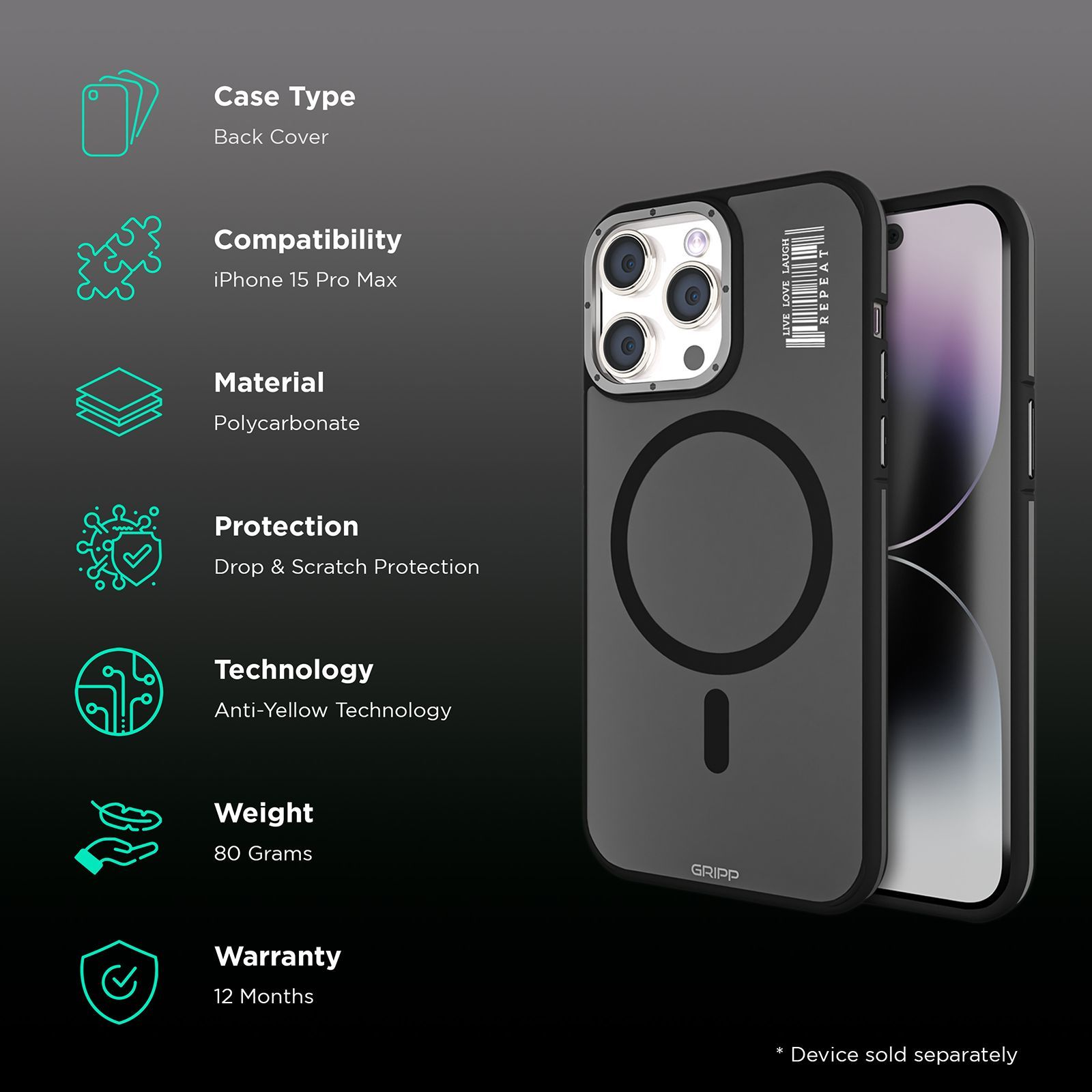 GRIPP Raigor Hard Polycarbonate Back Cover for Apple iPhone 15 Pro Max (MagSafe Compatible, Black)_2