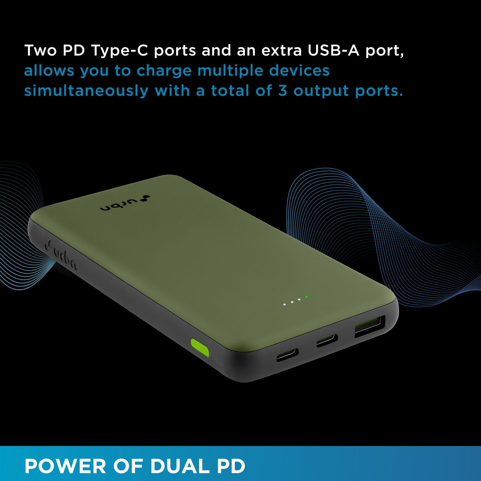 urbn UPR105 10000 mAh 22.5W Fast Charging Power Bank (1 USB Type A and 2 Type C Ports, Ultra Slim, Power Delivery Compatible, Camo)_9
