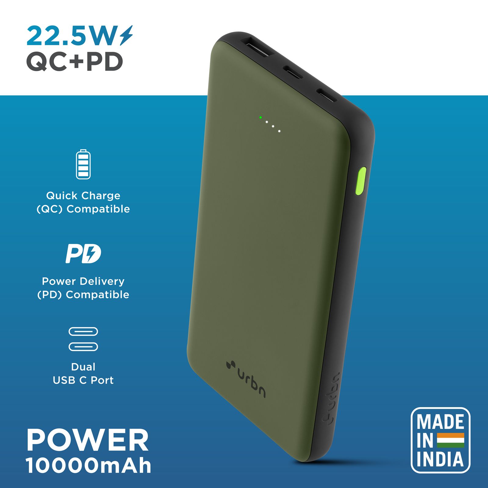 urbn UPR105 10000 mAh 22.5W Fast Charging Power Bank (1 USB Type A and 2 Type C Ports, Ultra Slim, Power Delivery Compatible, Camo)_11