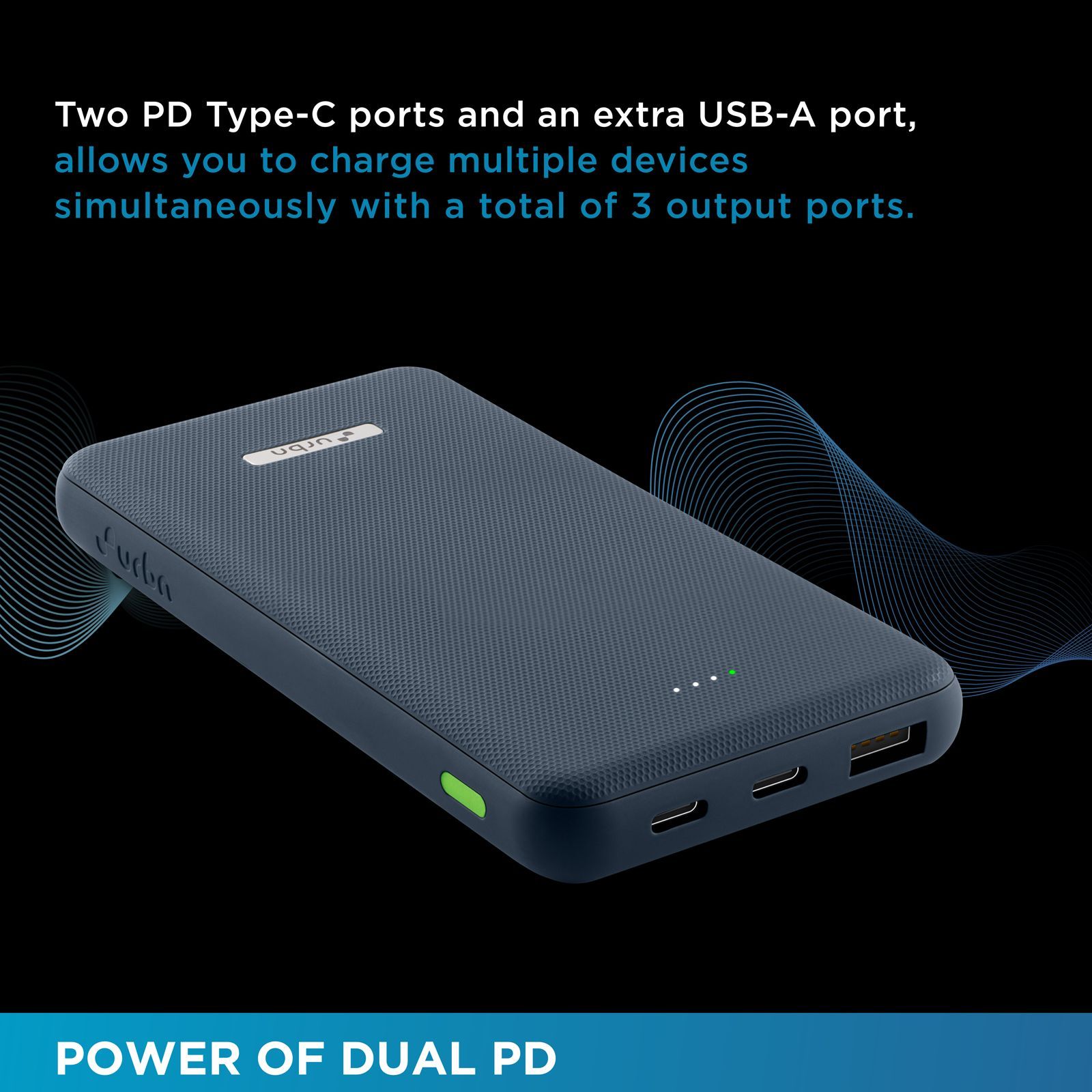 urbn UPR105 10000 mAh 22.5W Fast Charging Power Bank (1 USB Type A and 2 Type C Ports, Ultra Slim, Power Delivery Compatible, Blue)_8