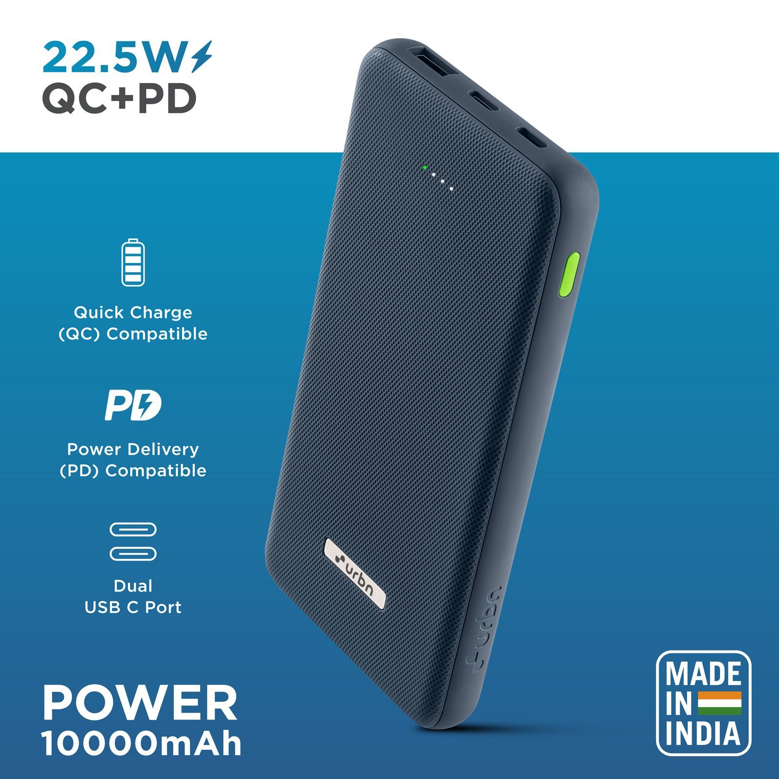 urbn UPR105 10000 mAh 22.5W Fast Charging Power Bank (1 USB Type A and 2 Type C Ports, Ultra Slim, Power Delivery Compatible, Blue)_11