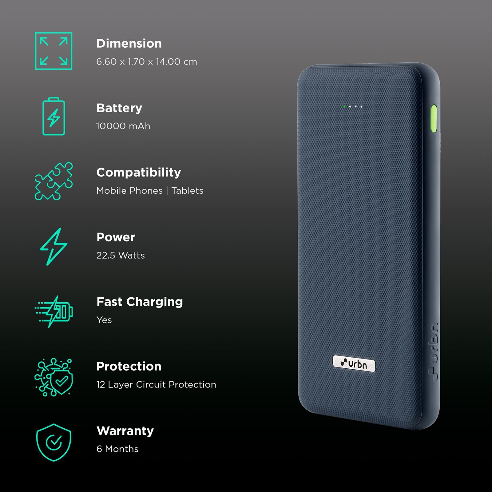 urbn UPR105 10000 mAh 22.5W Fast Charging Power Bank (1 USB Type A and 2 Type C Ports, Ultra Slim, Power Delivery Compatible, Blue)_3
