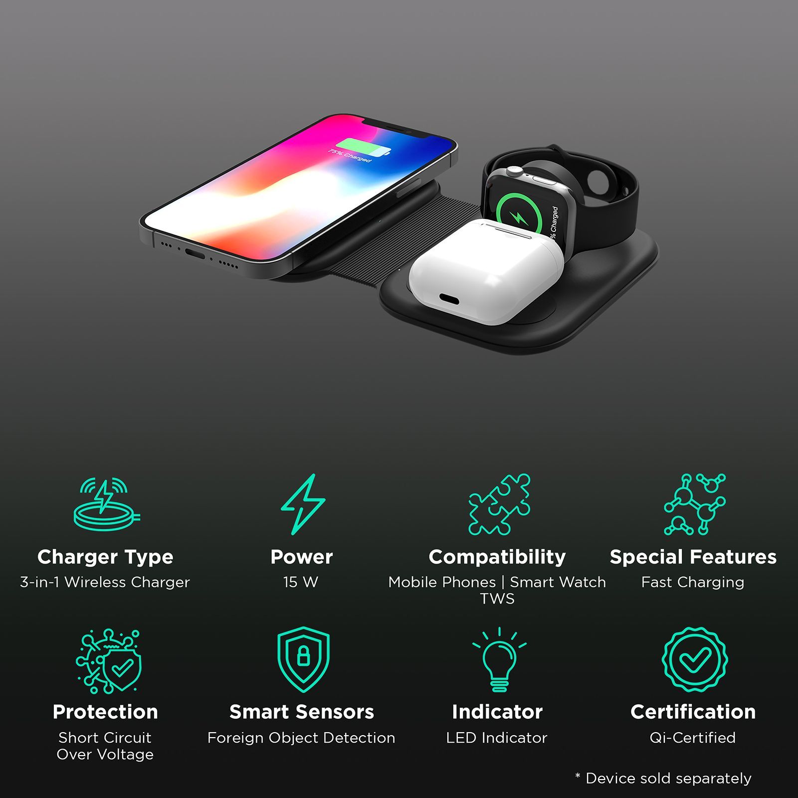 Croma 15W 3-in-1 Wireless Charger for iPhone 14, 14 Pro, 15, 15 Pro, iWatch 4, 5, 6, 7, 8 (Qi Compatible, Foldable Design, Black)_2