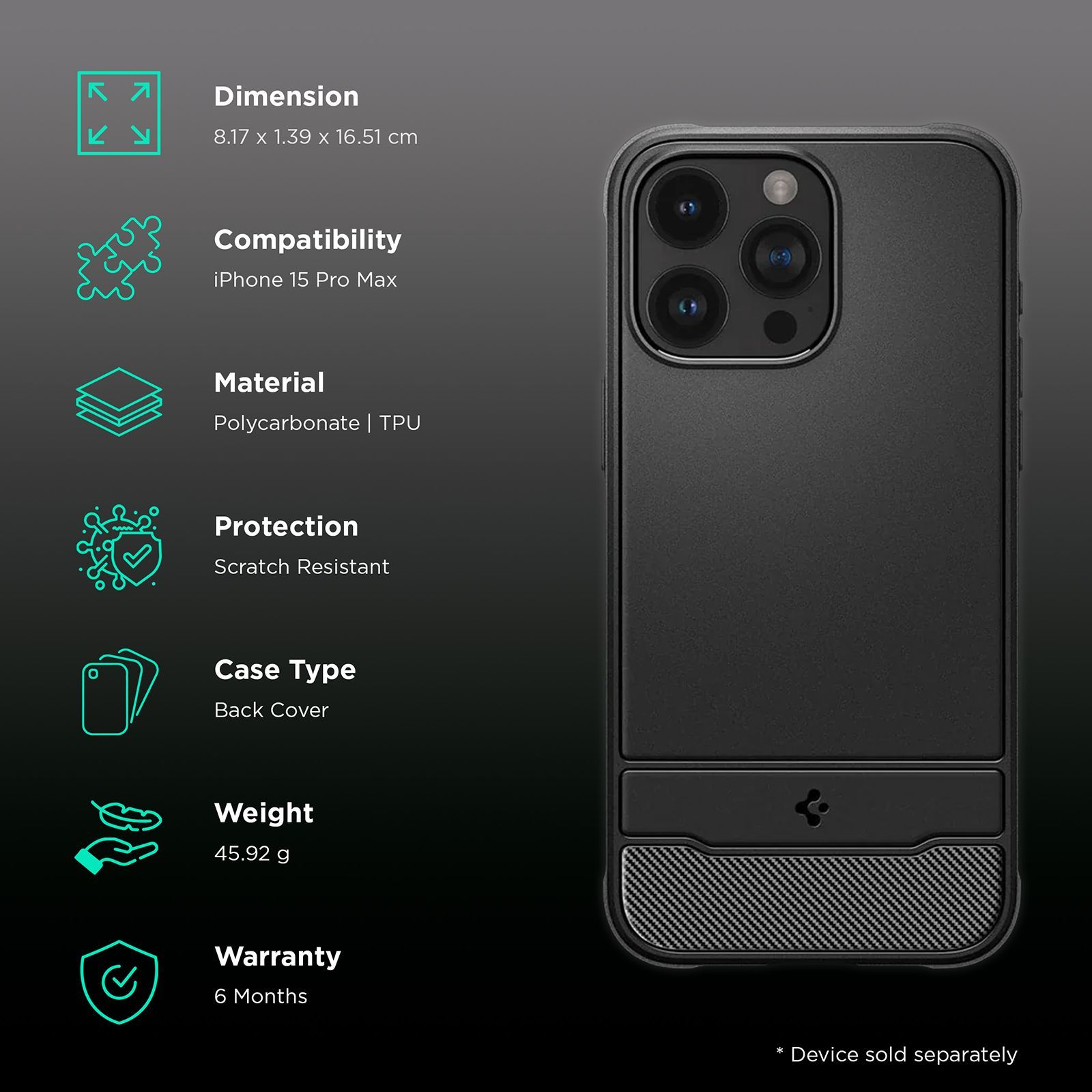 spigen Rugged Armor MagFit PC and TPU Back Cover for iPhone 15 Pro Max (Military Grade, Matte Black)_2
