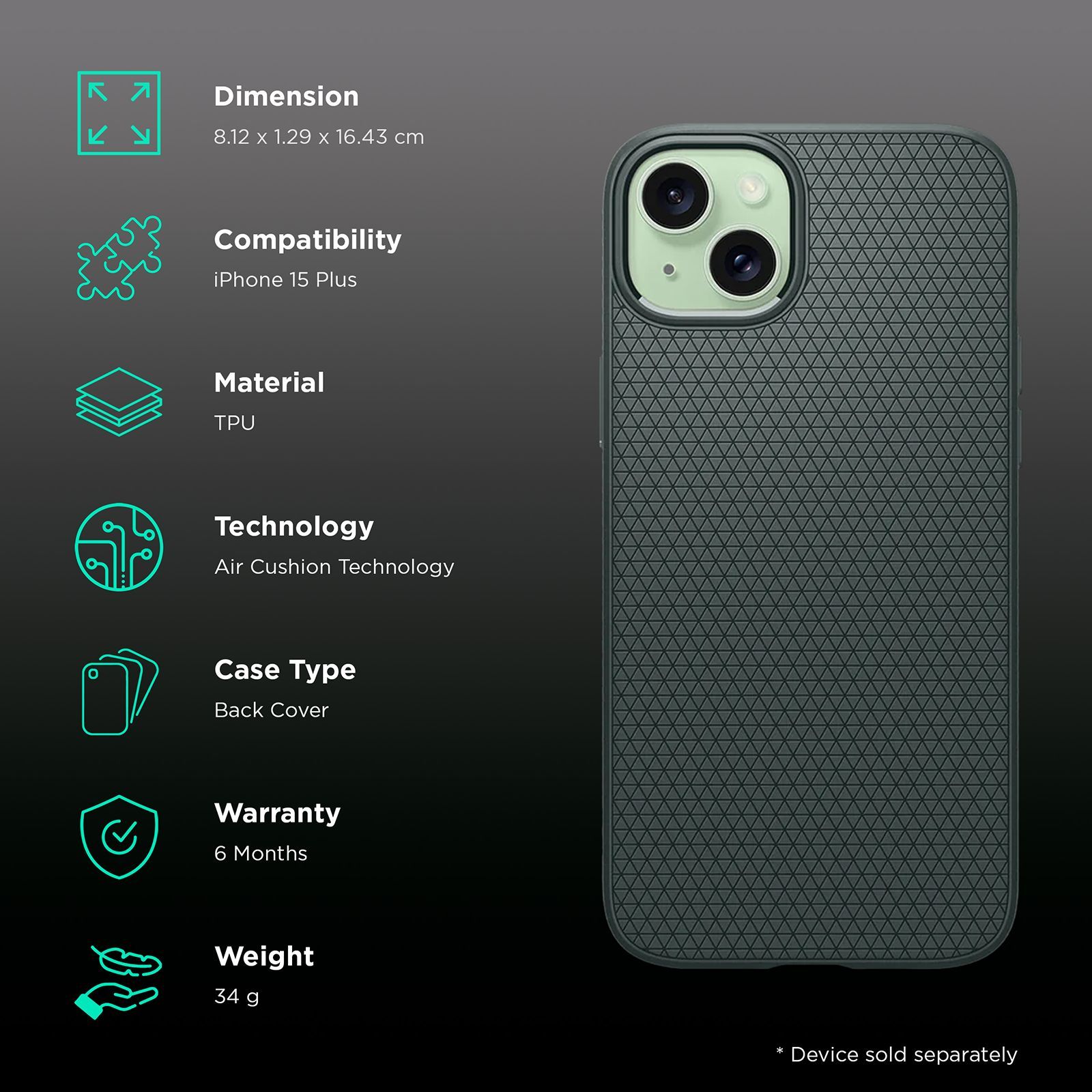 spigen Liquid Air Soft Thermoplastic Polyurethane Back Case for iPhone 15 Plus (Air Cushion Technology, Abyss Green)_2