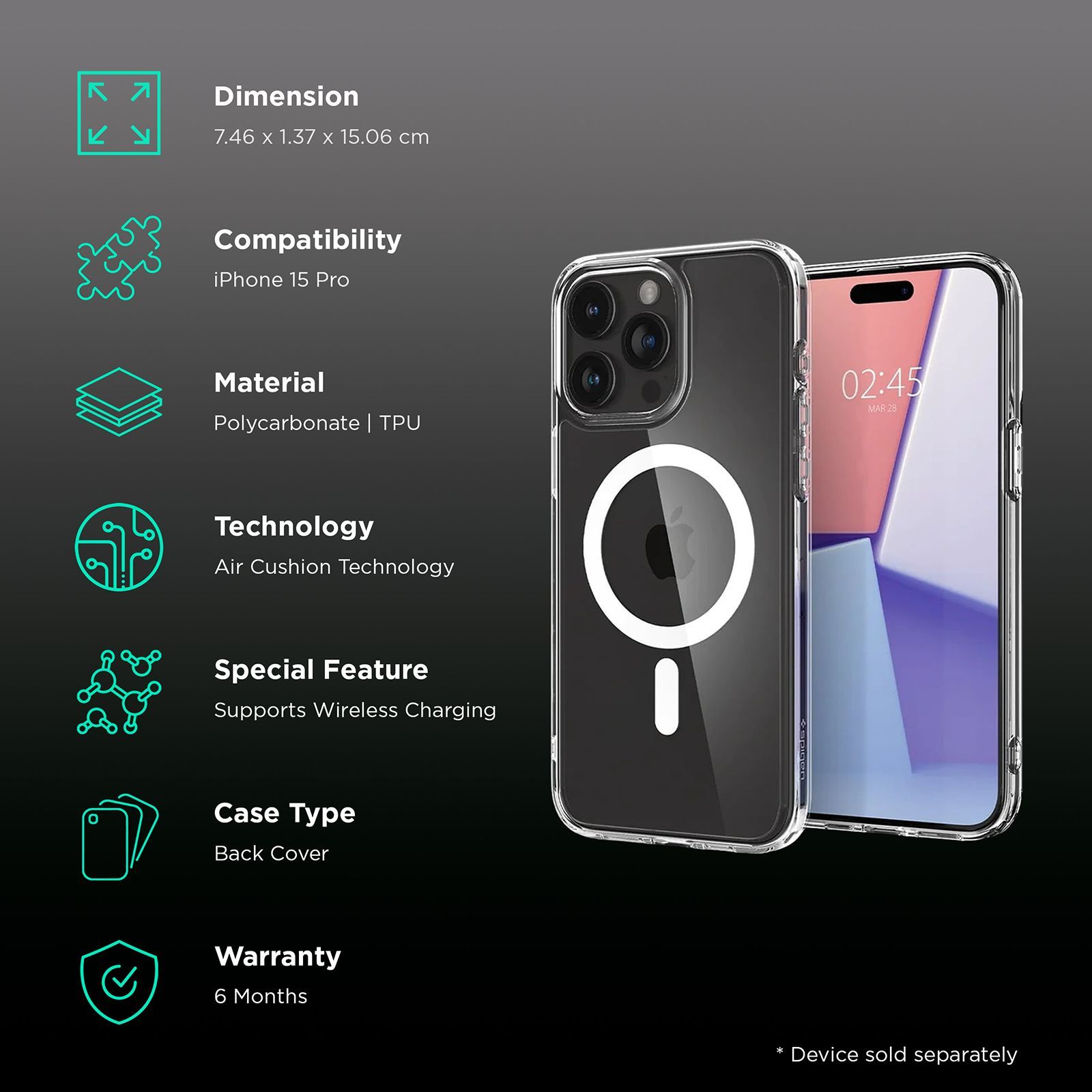 spigen Ultra Hybrid Hard TPU & Polycarbonate Back Cover for Apple iPhone 15 Pro (Supports Wireless Charging, White)_2