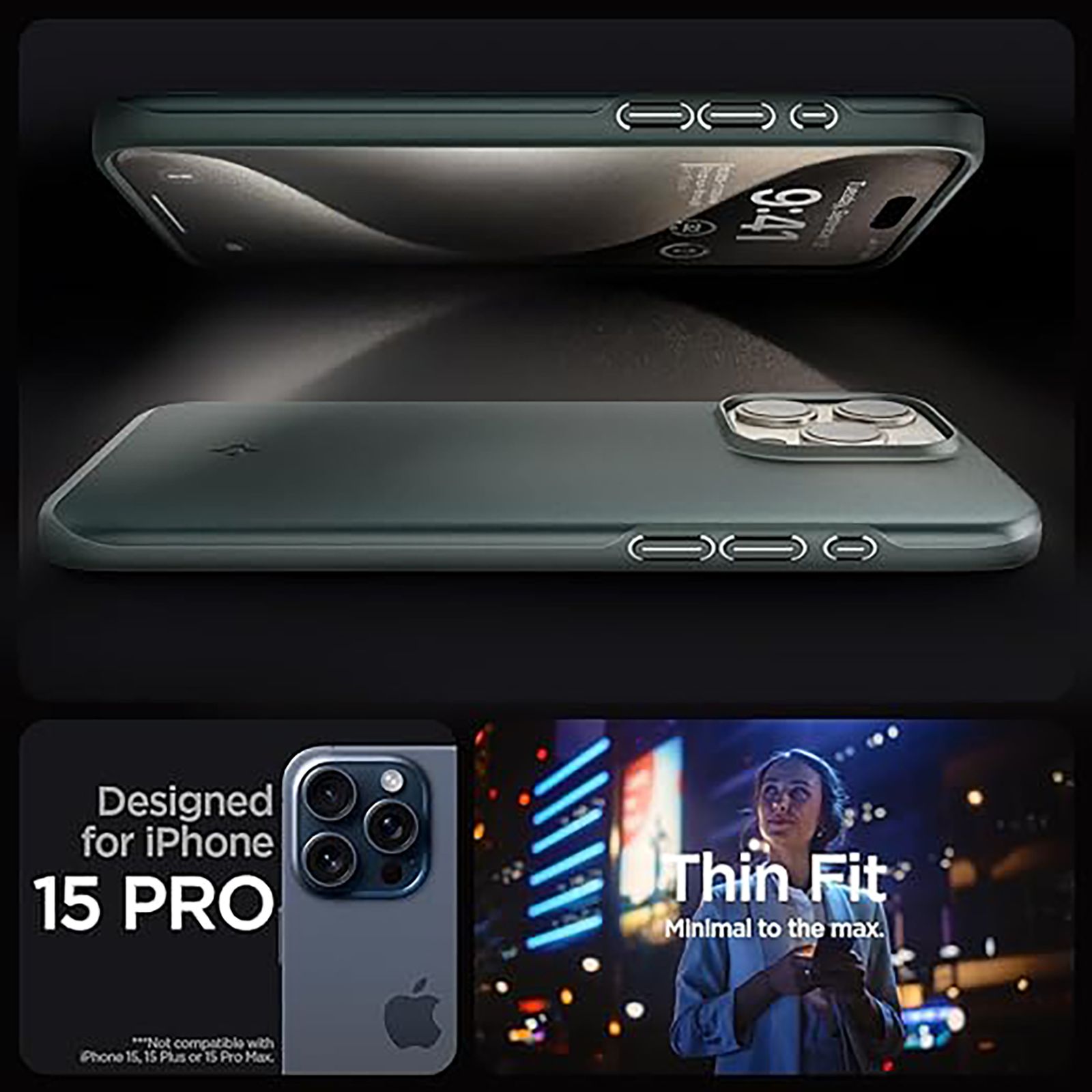 spigen Thin Fit Hard Polycarbonate Back Cover for Apple iPhone 15 Pro (Air Cushion Technology, Abyss Green)_11