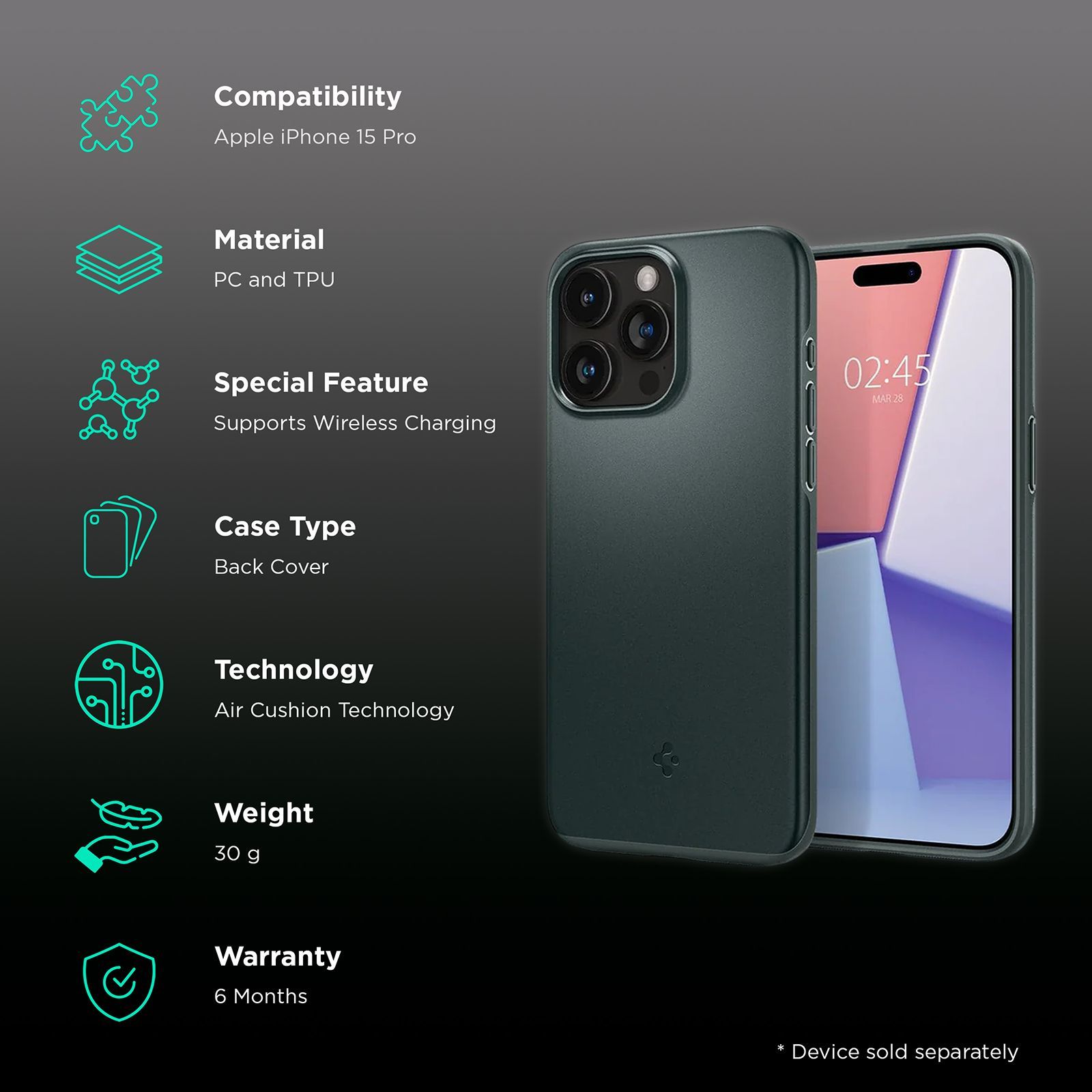 spigen Thin Fit Hard Polycarbonate Back Cover for Apple iPhone 15 Pro (Air Cushion Technology, Abyss Green)_2