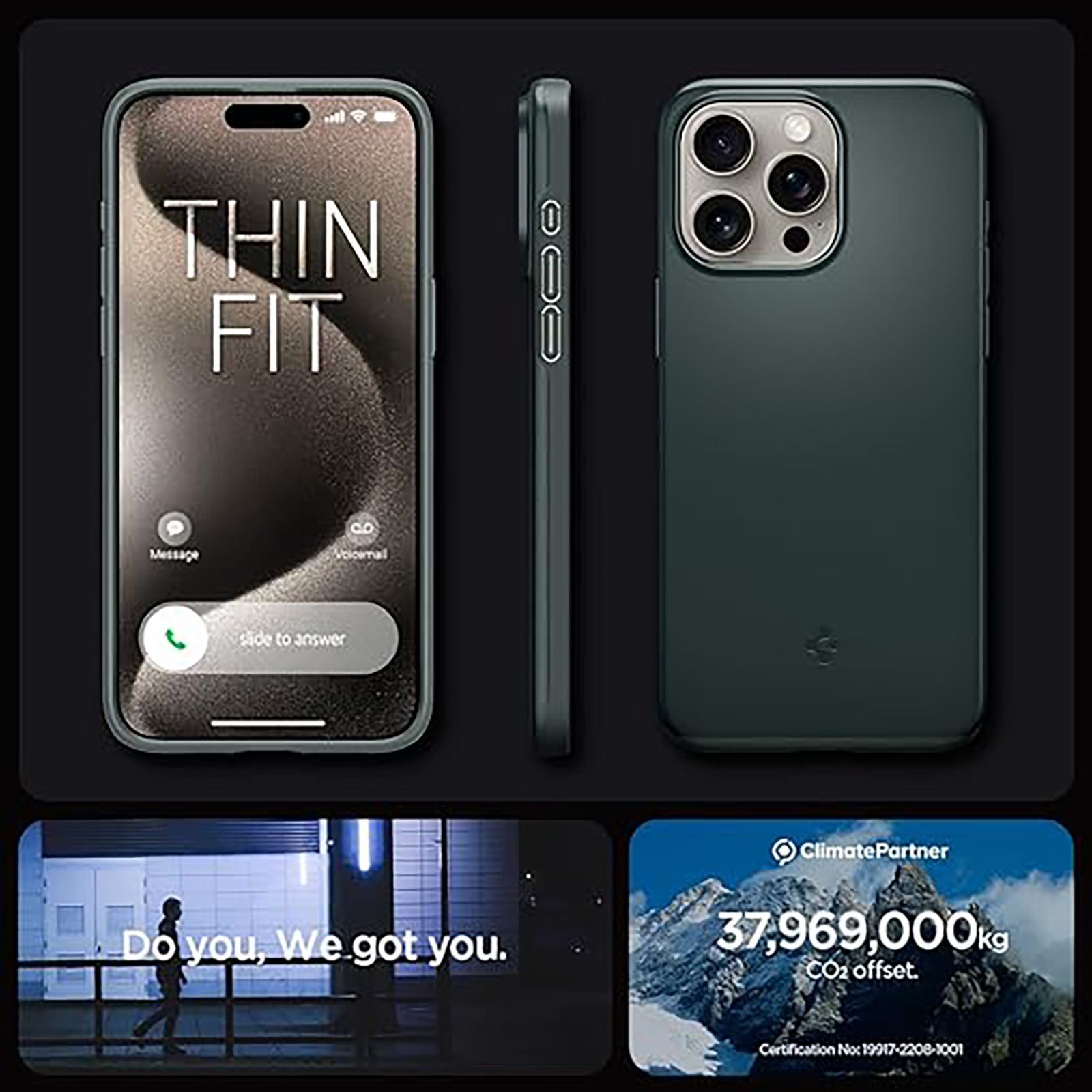 spigen Thin Fit Hard Polycarbonate Back Cover for Apple iPhone 15 Pro (Air Cushion Technology, Abyss Green)_6