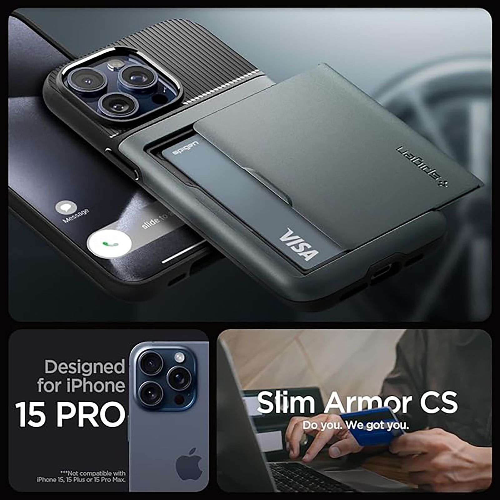 spigen Slim Armor CS Polycarbonate & TPU Back Cover for Apple iPhone 15 Pro (Air Cushion Technology, Abyss Green)_10