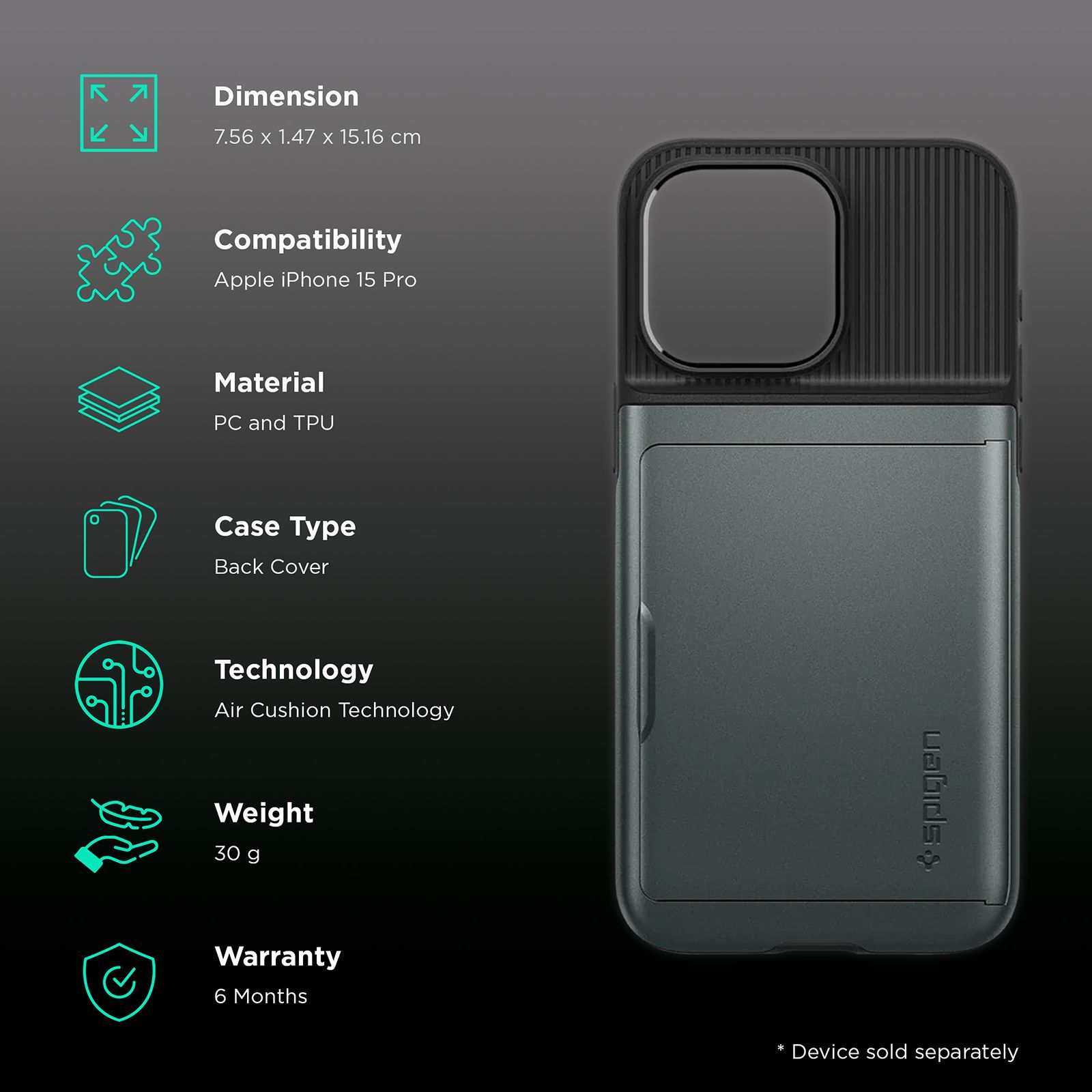 spigen Slim Armor CS Polycarbonate & TPU Back Cover for Apple iPhone 15 Pro (Air Cushion Technology, Abyss Green)_2