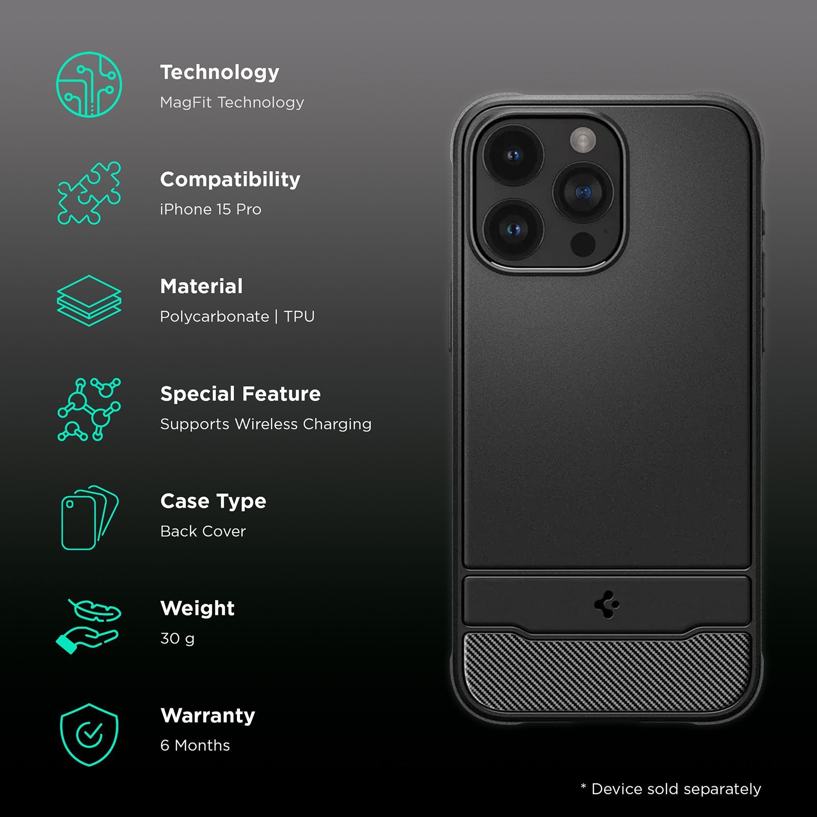 spigen Rugged Armor Hard TPU Back Cover for Apple iPhone 15 Pro (MagSafe, Matte Black)_2