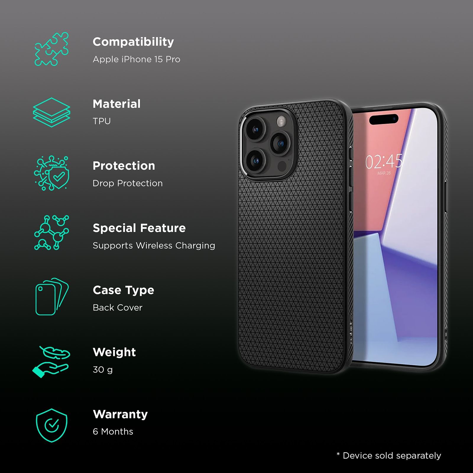 spigen Liquid Air TPU Back Cover for Apple iPhone 15 Pro (Supports Wireless Charging, Matte Black)_2