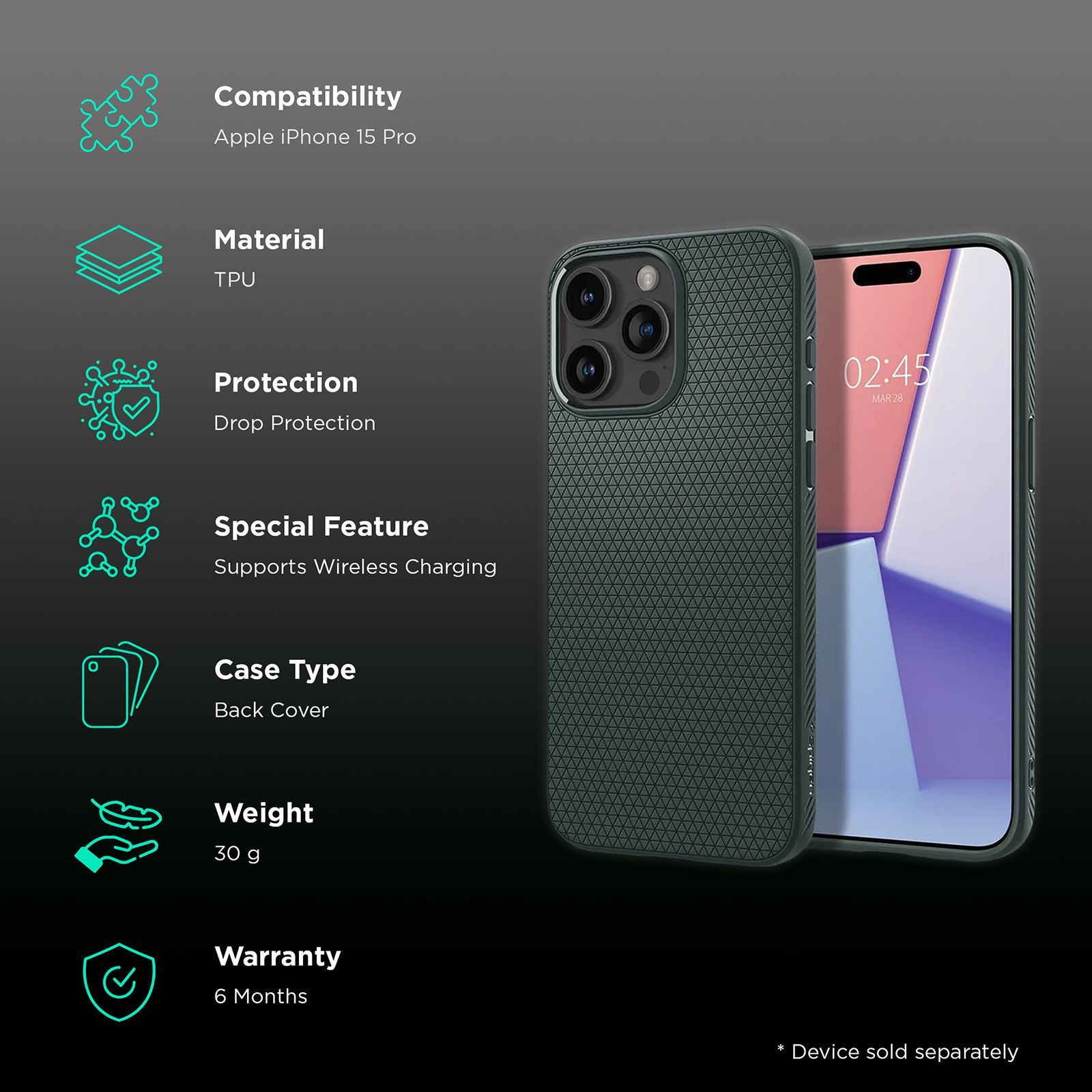 spigen Liquid Air TPU Back Cover for Apple iPhone 15 Pro (Supports Wireless Charging, Abyss Green)_2