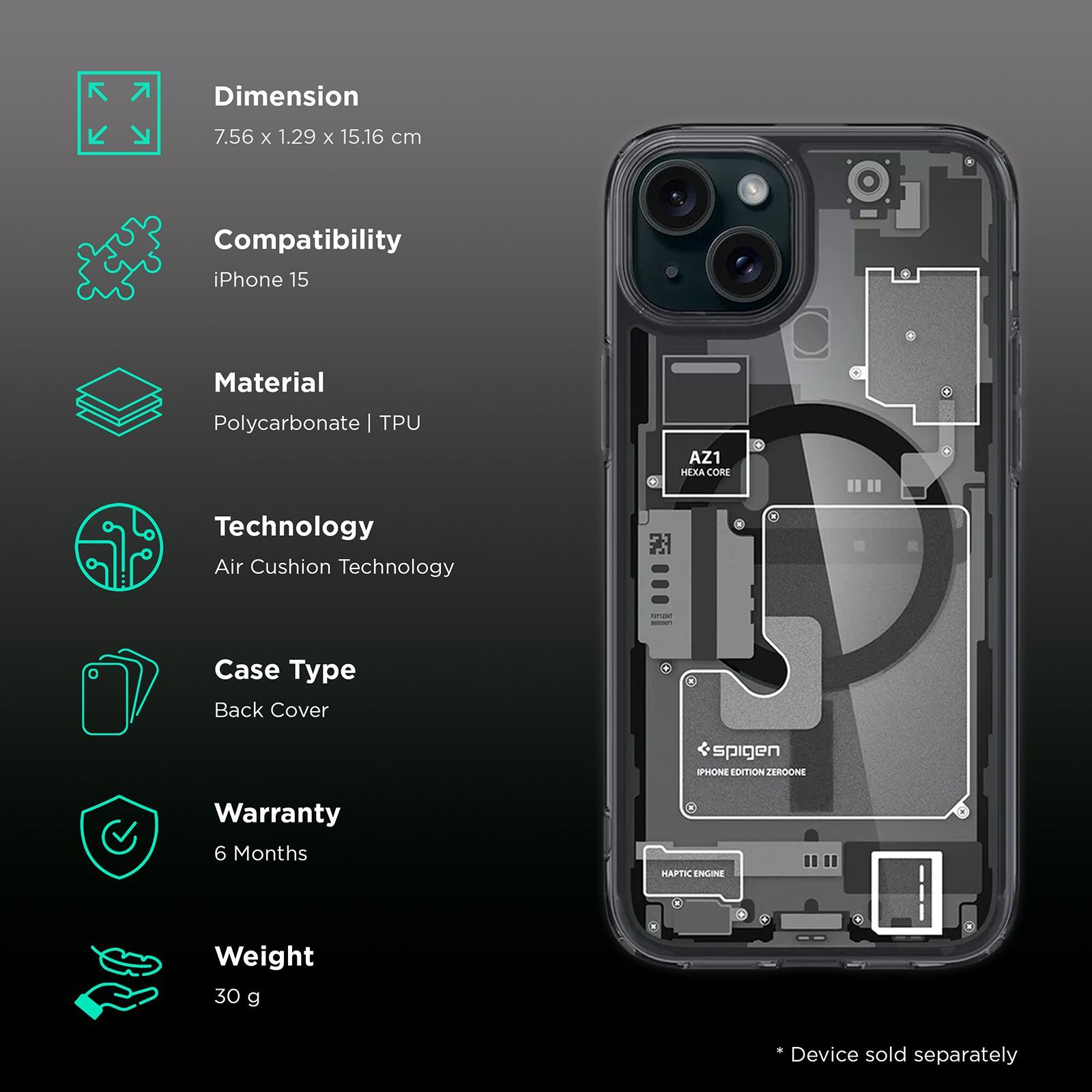 spigen Ultra Hybrid Hard TPU & Polycarbonate Back Cover for Apple iPhone 15 (Supports Wireless Charging, Zero One)_2