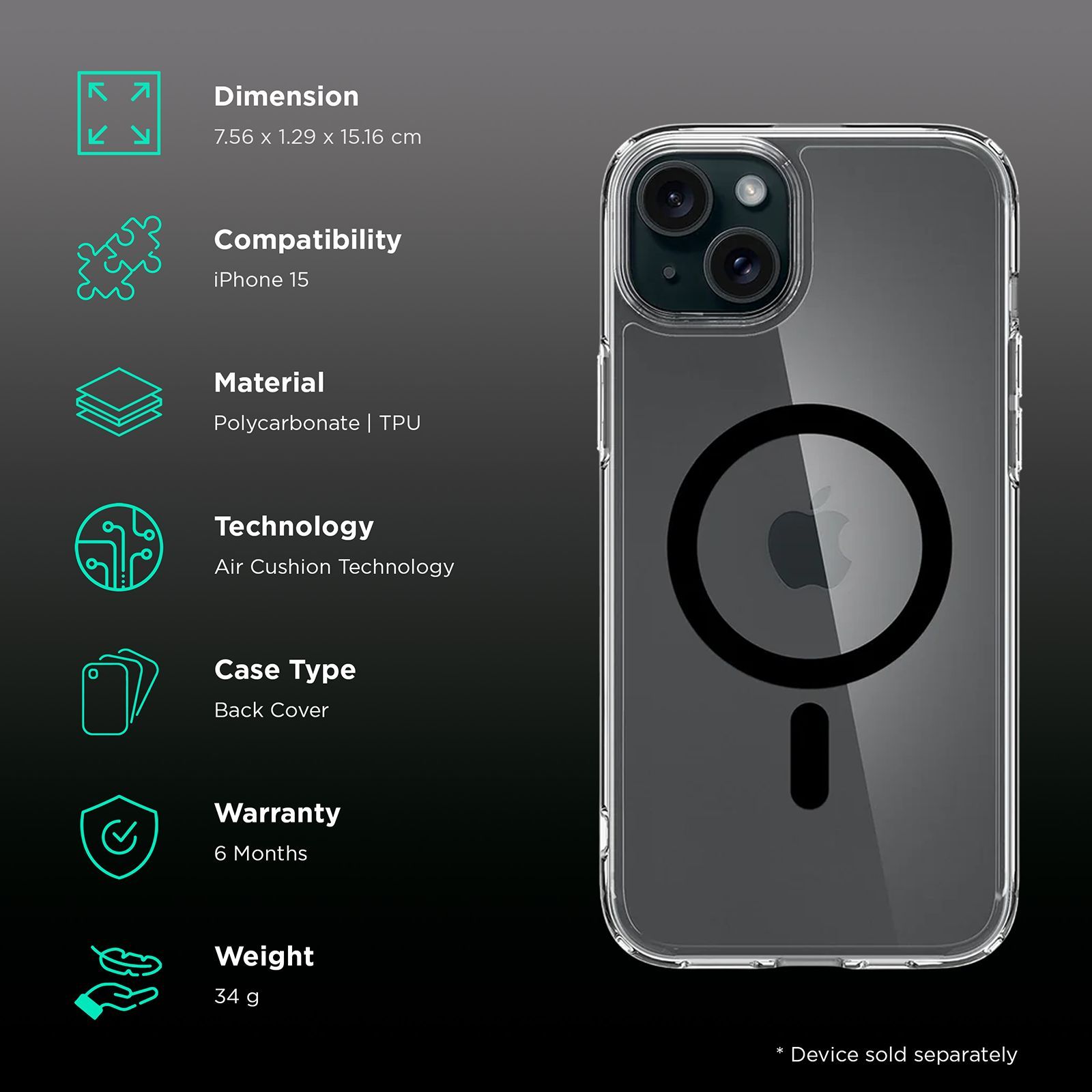 spigen Ultra Hybrid TPU & Polycarbonate Back Cover for Apple iPhone 15 (Supports Wireless Charging, Black)_2