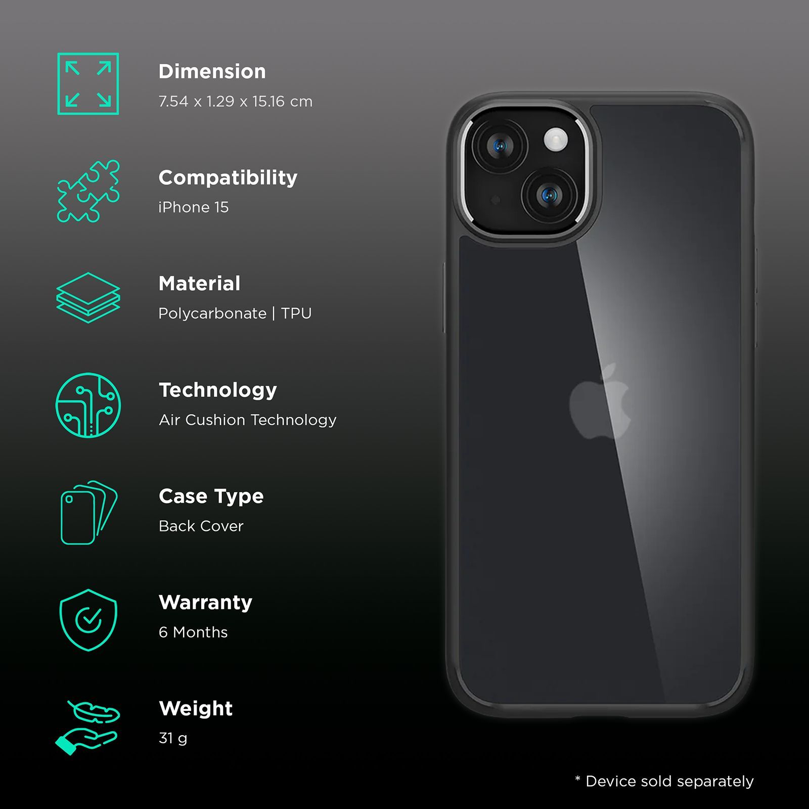 spigen Ultra Hybrid TPU & Polycarbonate Back Cover for Apple iPhone 15 (Supports Wireless Charging, Frost Black)_2