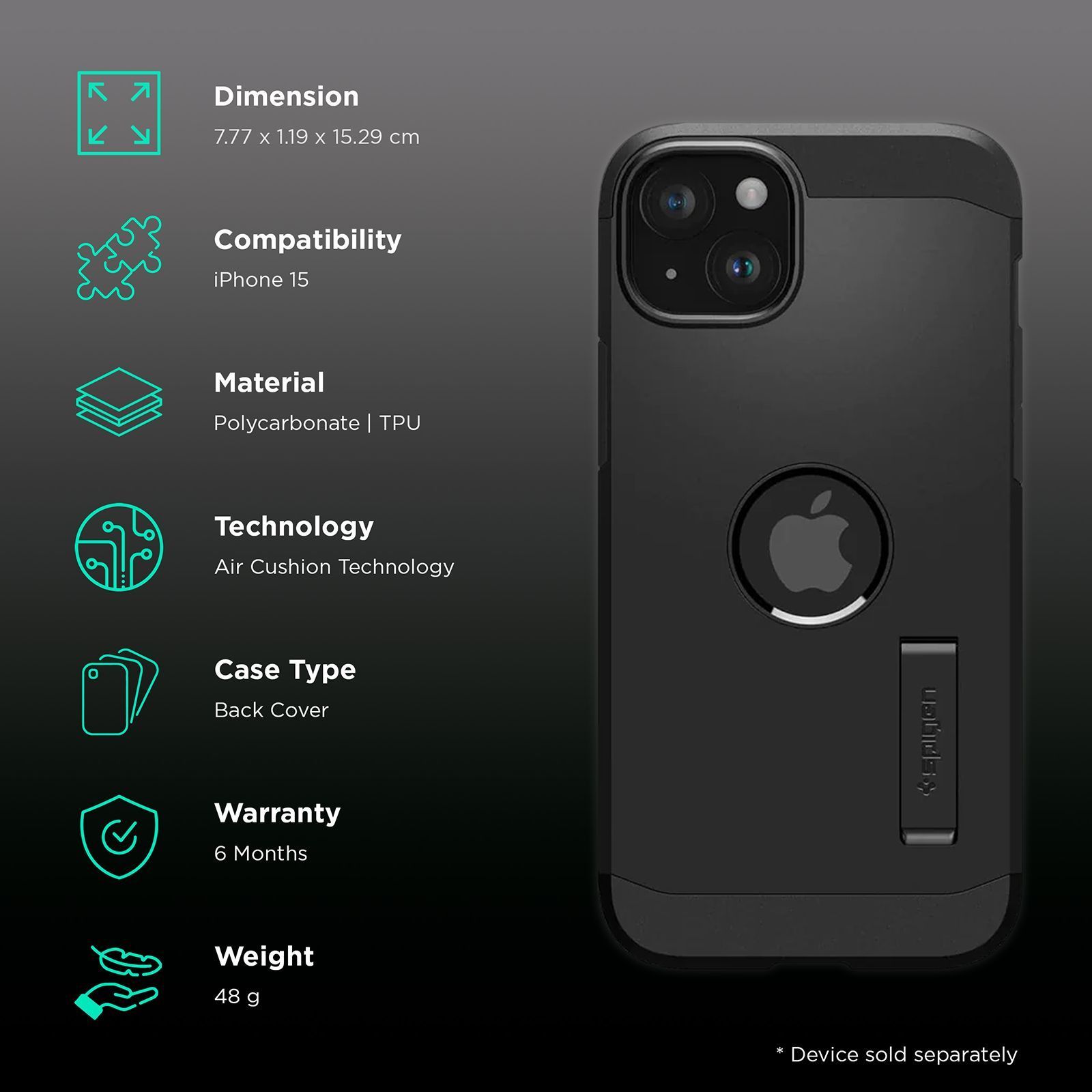 spigen Tough Armor MagFit TPU and PC Back Cover for iPhone 15 (Military Grade, Black)_2