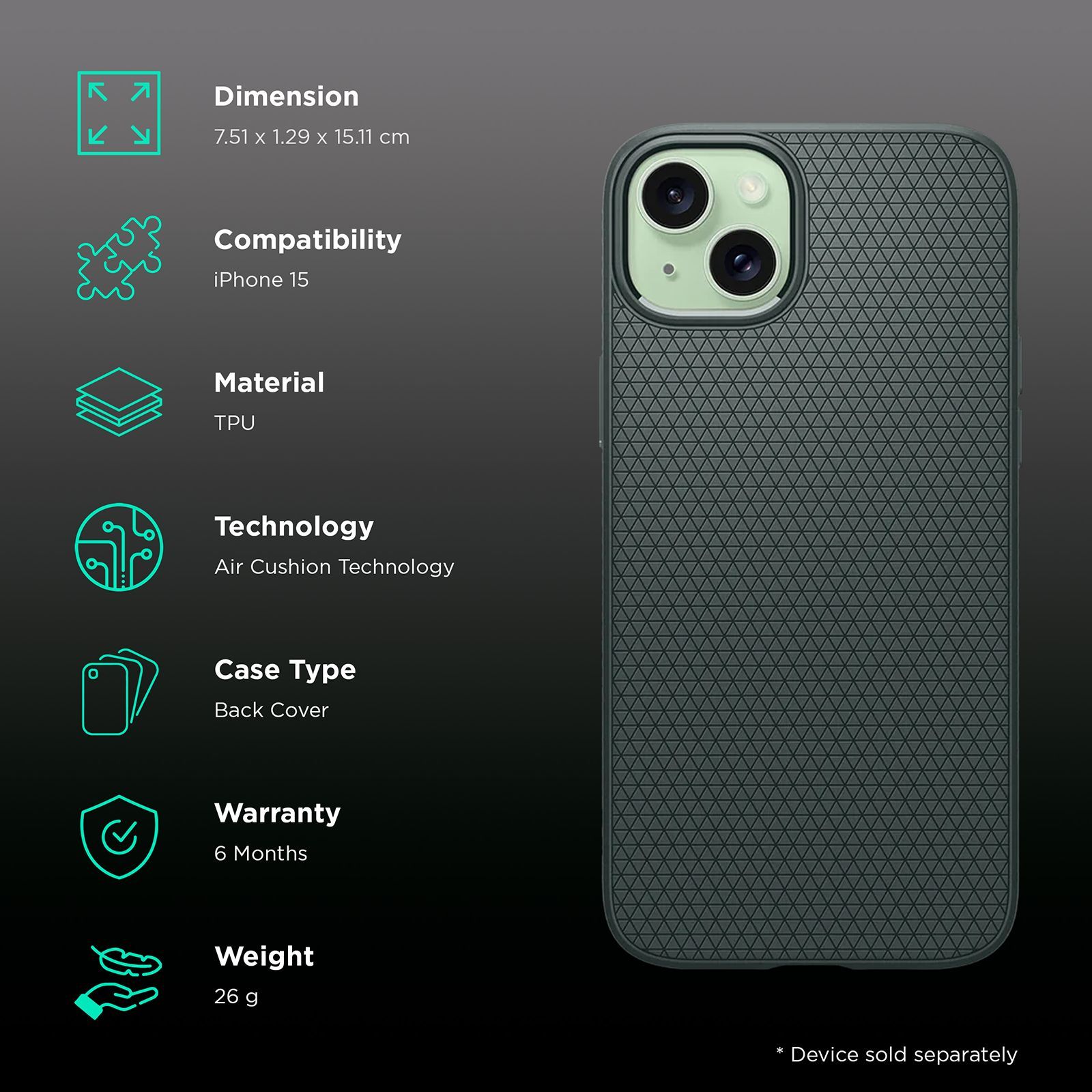 spigen Liquid Air TPU Soft Back Cover for iPhone 15 (Air Cushion Technology, Abyss Green)_2