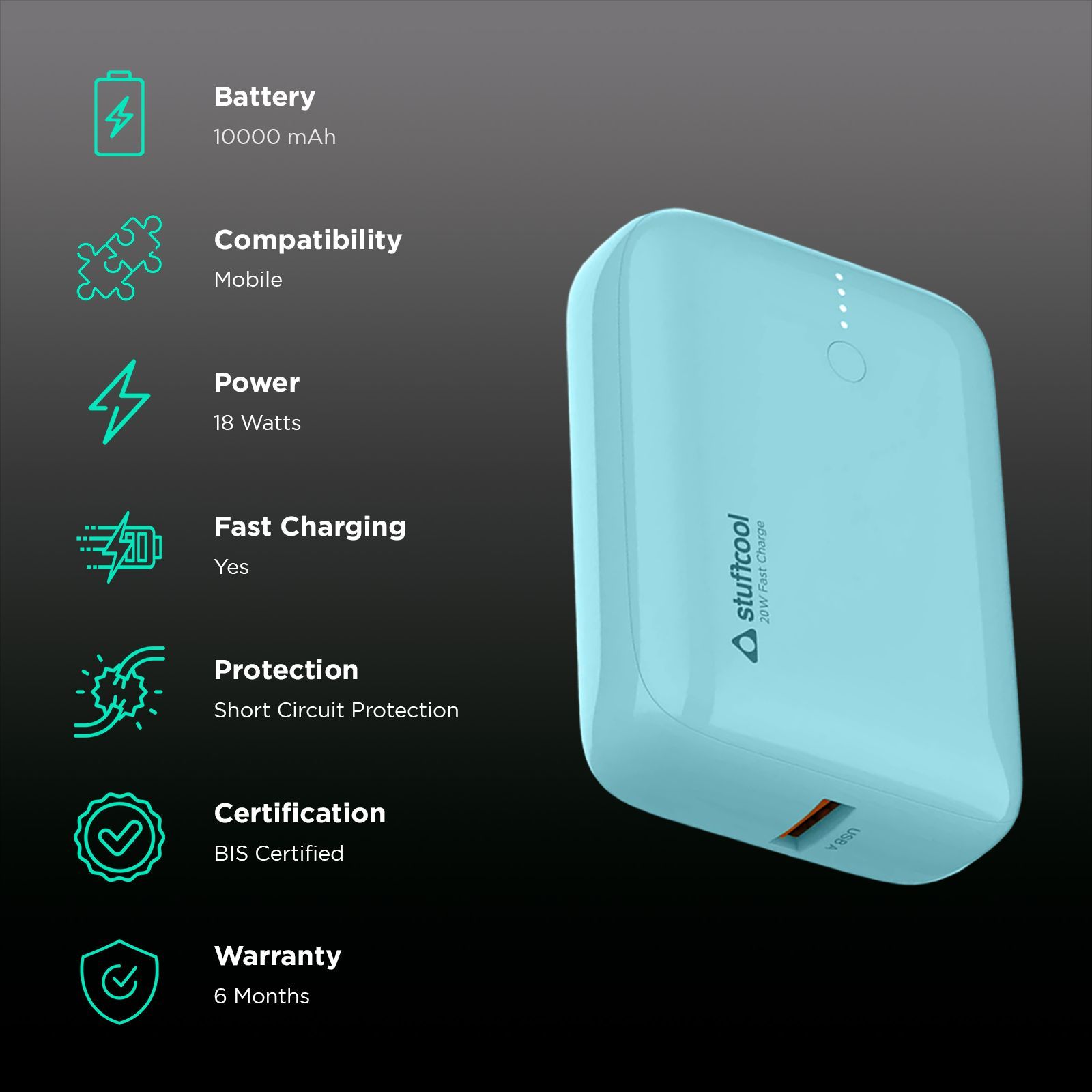 stuffcool Palm Smallest 10000 mAh 22.5W Fast Charging Power Bank (1 Type A and 1 Type C Ports, LED Indicator, Blue) stuffcool Palm Smallest 10000 mAh 22.5W Fast Charging Power Bank (1 Type A and 1 Type C Ports, LED Indicator, Blue)_3