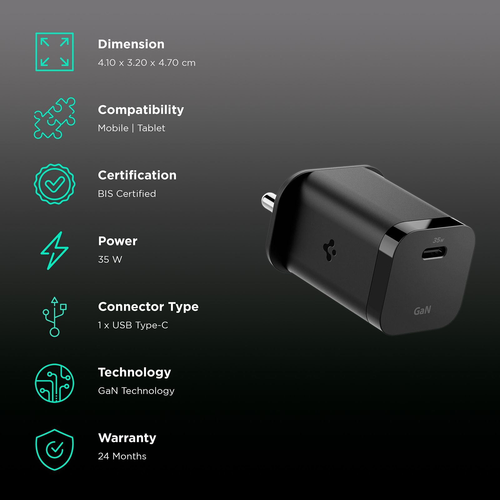 spigen PE2213 35W Type C Fast Charger (Adapter Only, Gan Technology, Black)_2