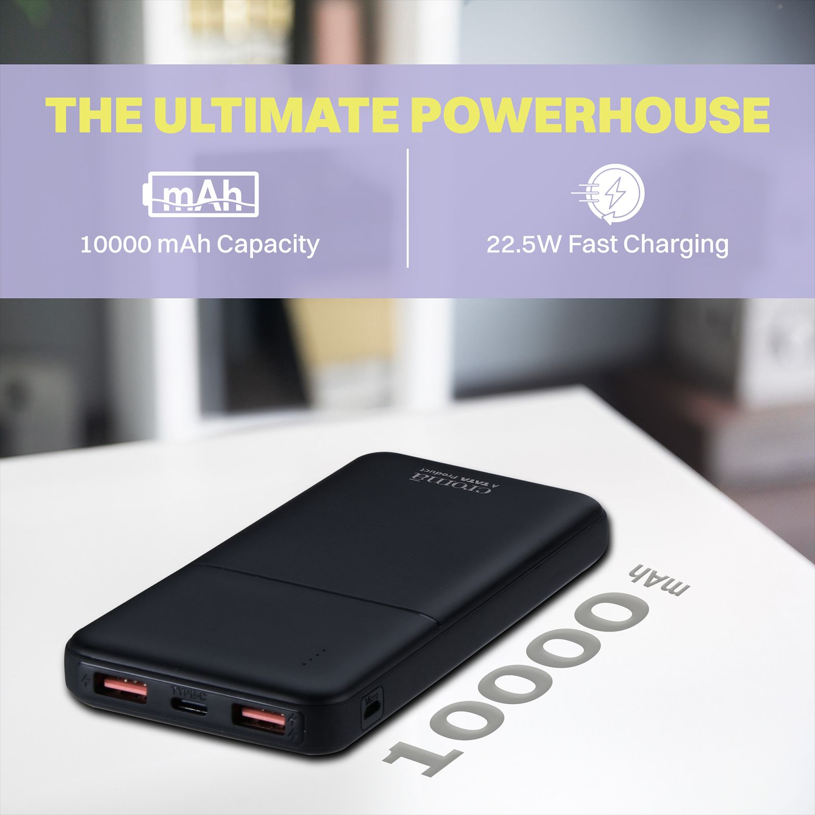 Croma 10000 mAh 22.5W Fast Charging Power Bank (2 Type A & 1 Type C Ports, Multi Layer Protection, Black)_11