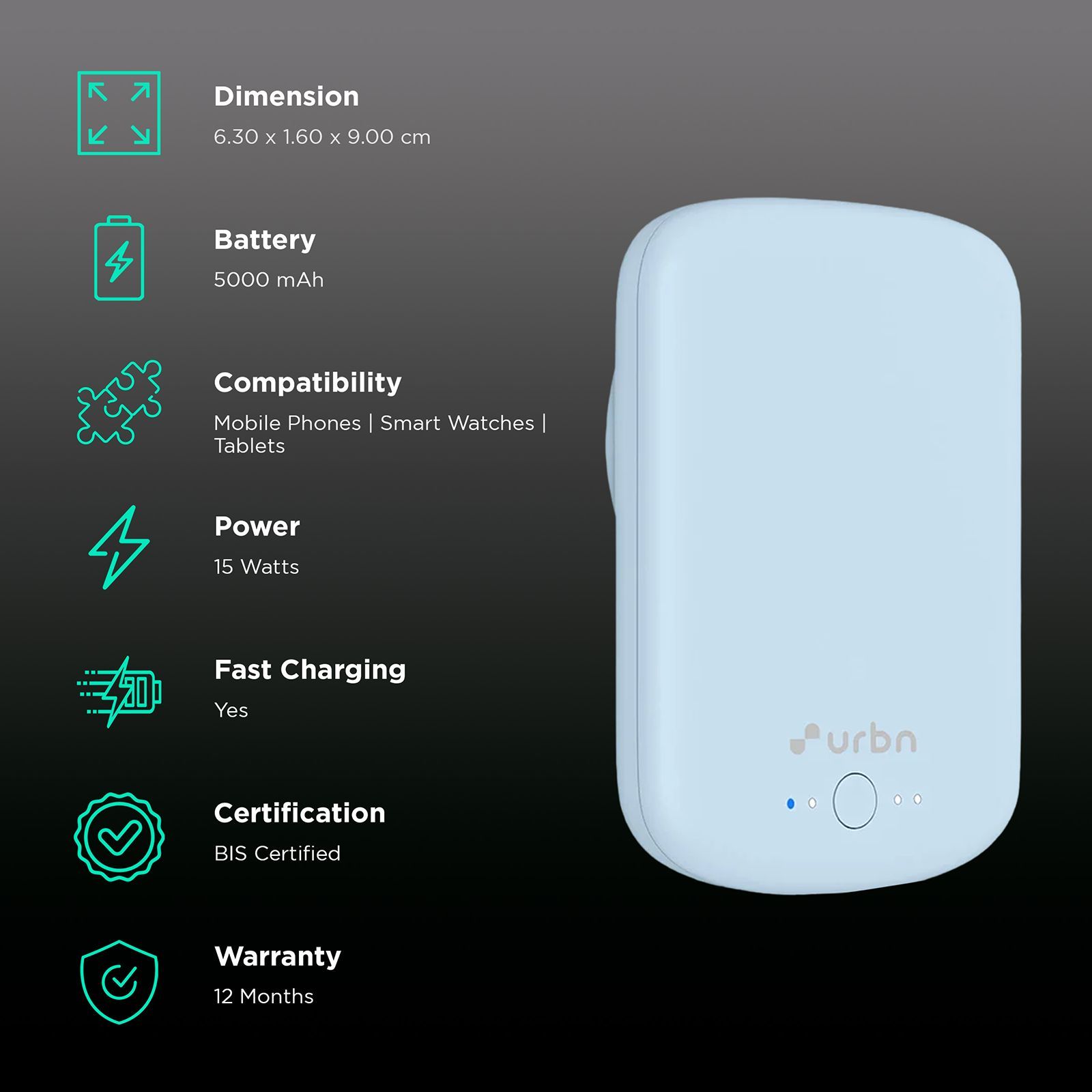 urbn Compact MagTag 5000 mAh 15W Fast Charging Power Bank (1 Type C Port, Magsafe Compatible, Light Blue)_3