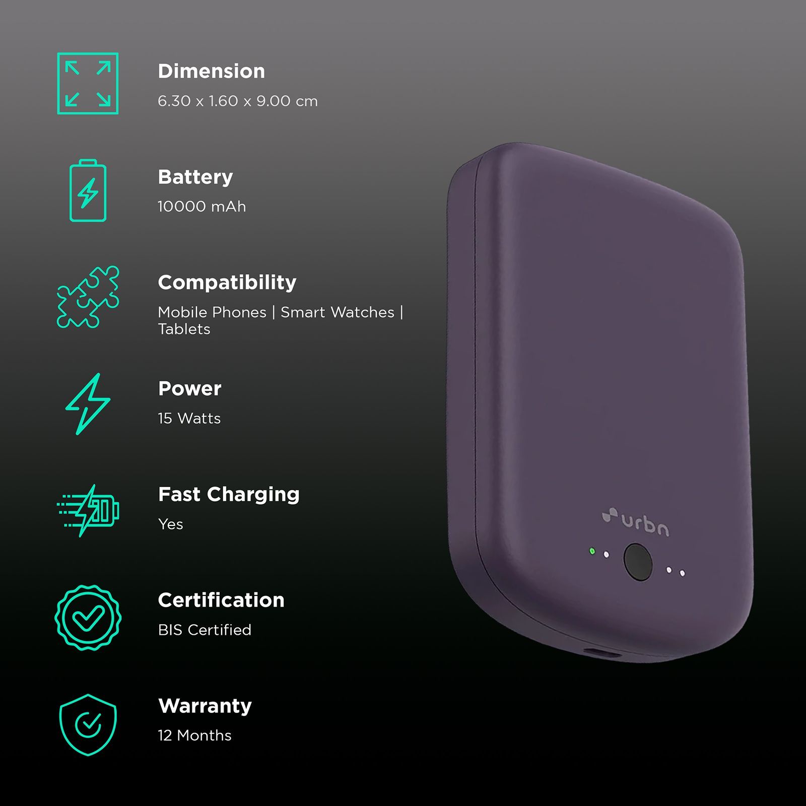 urbn Compact MagTag 5000 mAh 15W Fast Charging Power Bank (1 Type C & 2 Type A Ports, Magsafe Compatible, Purple)_3