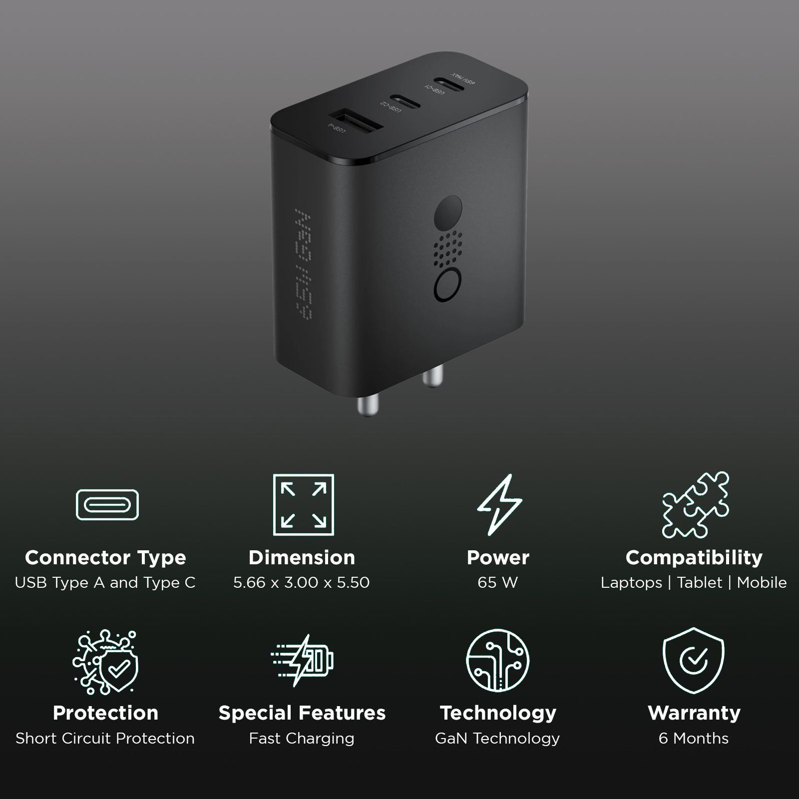 Nothing C332 65W Type A and Type C 3-Port Fast Charger (Adapter Only, GaN Technology, Dark Grey)_3