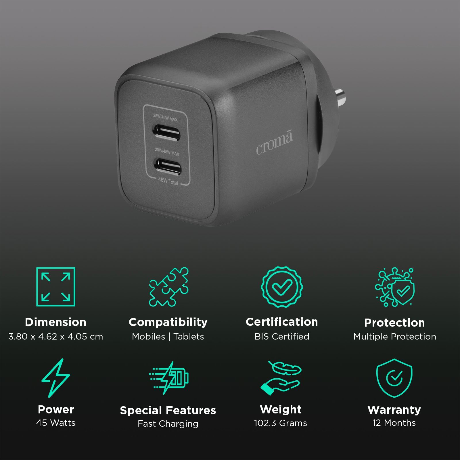 Croma 45W Type C 2 Port GaN Charger (Adapter Only, Black) Croma 45W Type C 2 Port GaN Charger (Adapter Only, Black)_2