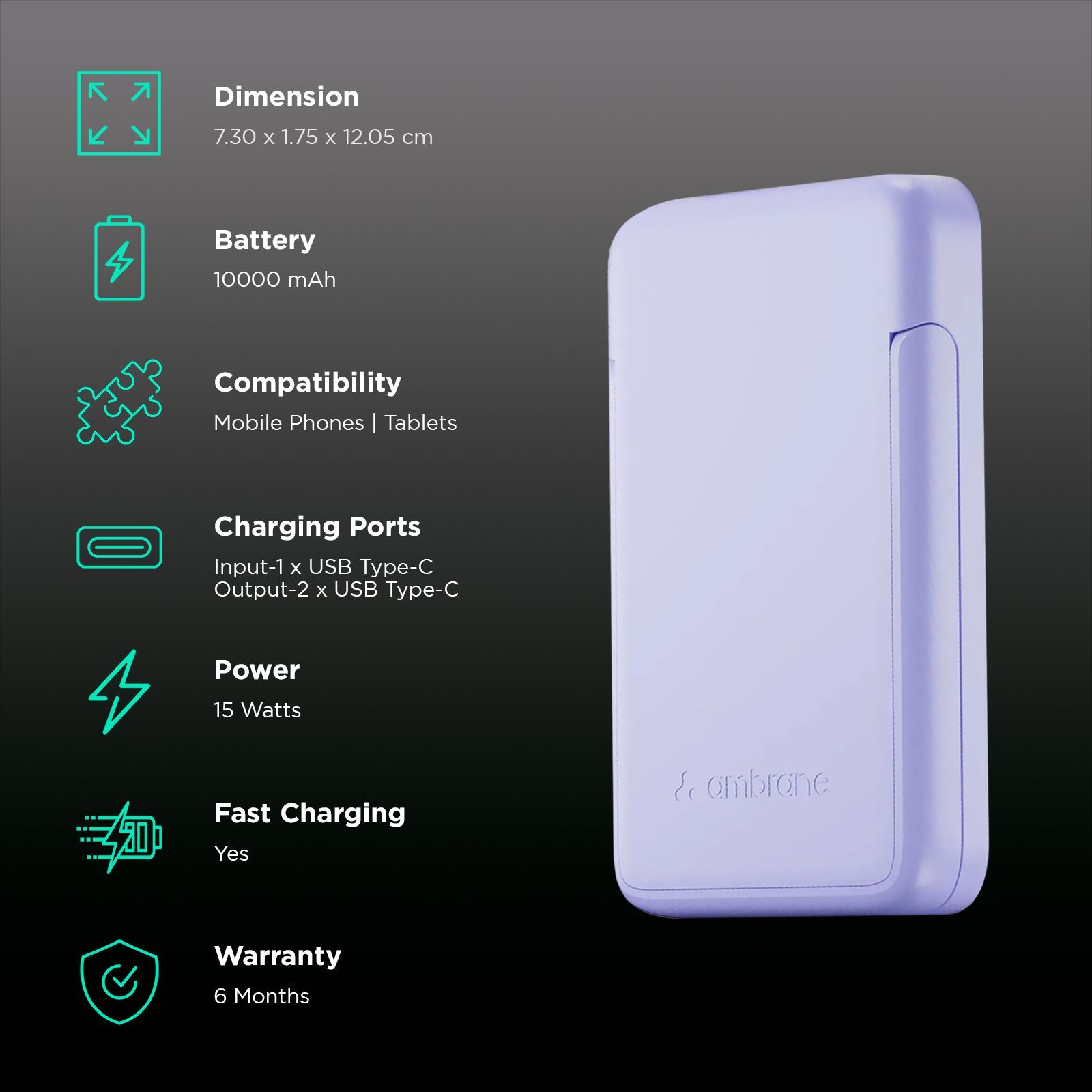 ambrane AeroSync PB 10 10000 mAh 15W Fast Charging Power Bank (1 Type A and 1 Type C Ports, Wireless Charging, Purple)_3