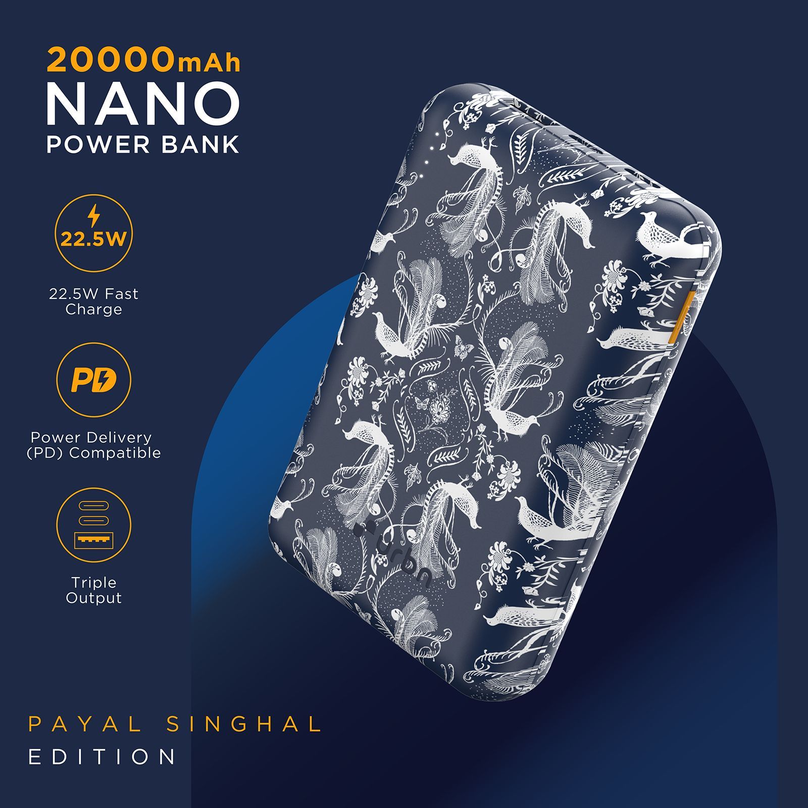 urbn Nano Slim Payal Singhal Edition 20000 mAh 22.5W Fast Charging Power Bank (1 Type A & 2 Type C Ports, 12 Layer Circuit Protection, PS Blue)_6