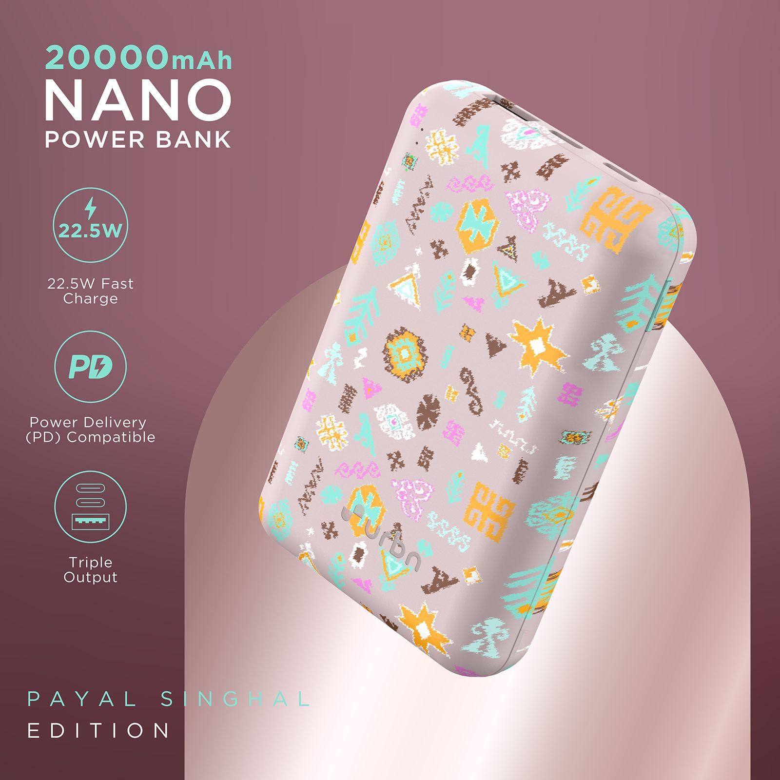urbn Nano Slim Payal Singhal Edition 20000 mAh 22.5W Fast Charging Power Bank (1 Type A & 2 Type C Ports, 12 Layer Circuit Protection, PS Pink)_6
