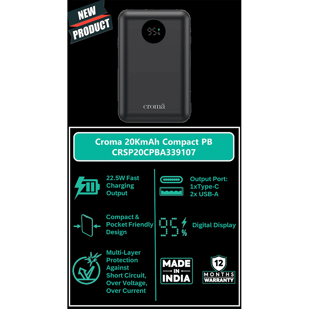 Croma 20000 mAh 22.5W Fast Charging Power Bank (1 Type C Port, 2 Type A Port, Multi Layer Protection, Black) Croma 20000 mAh 22.5W Fast Charging Power Bank (1 Type C Port, 2 Type A Port, Multi Layer Protection, Black)_6