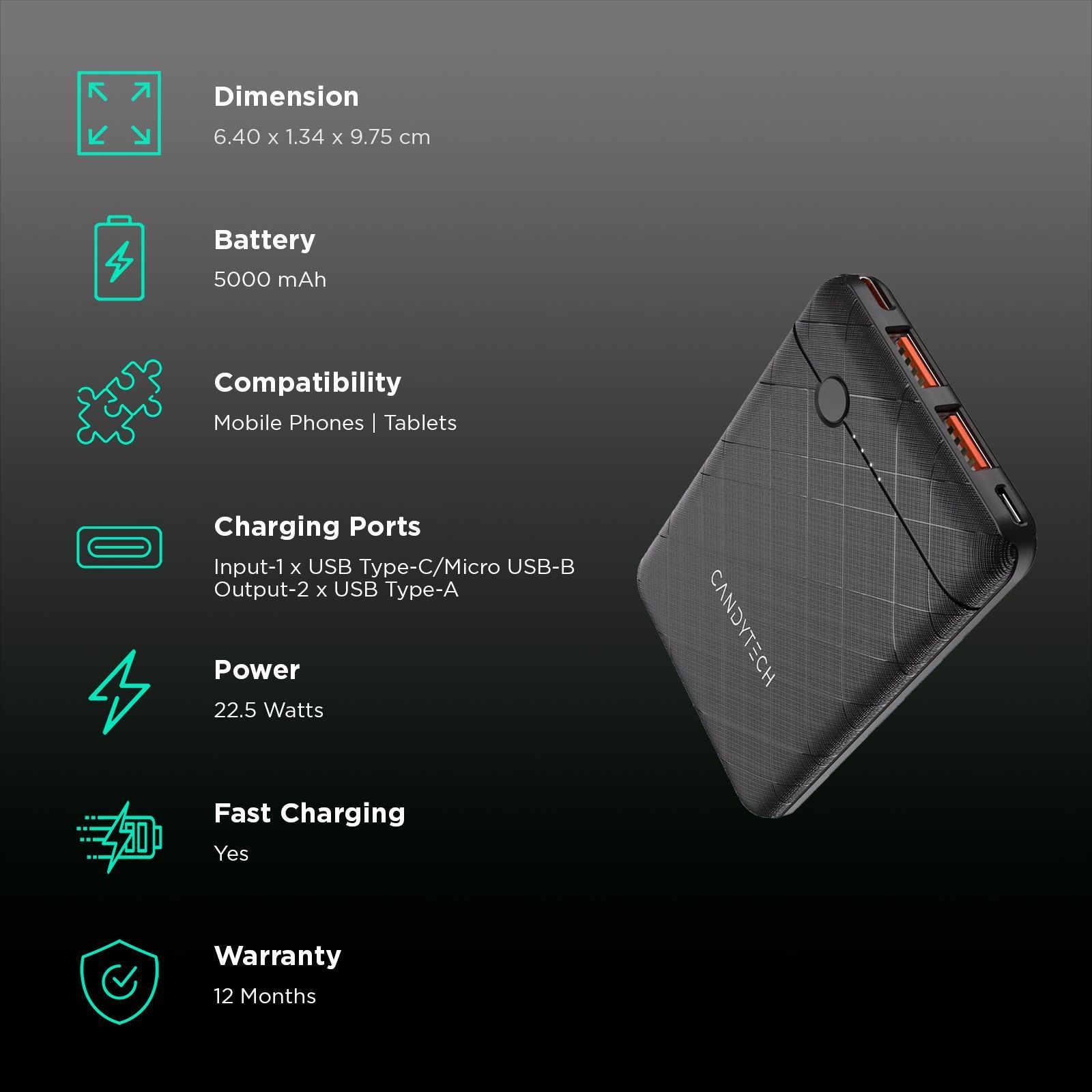 Candytech PB3C1 5000 mAh 22.5W Fast Charging Power Bank (2 Type A Ports, Short Circuit Protection, Black)_3
