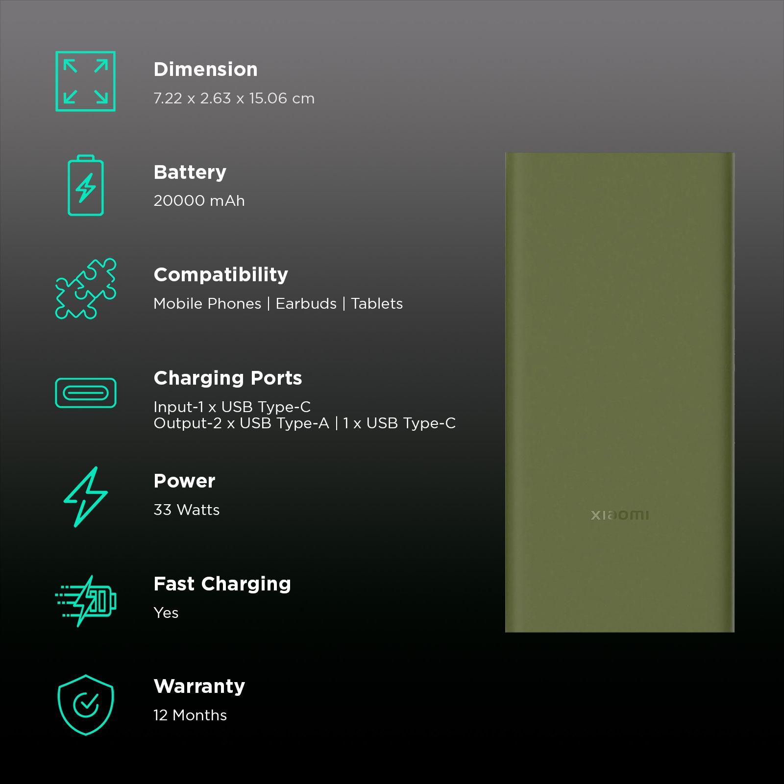 Xiaomi 4i 20000 mAh 33W Fast Charging Power Bank (2 Type A & 1 Type C Ports, PC+ABS Casing, Nitro Green)_3