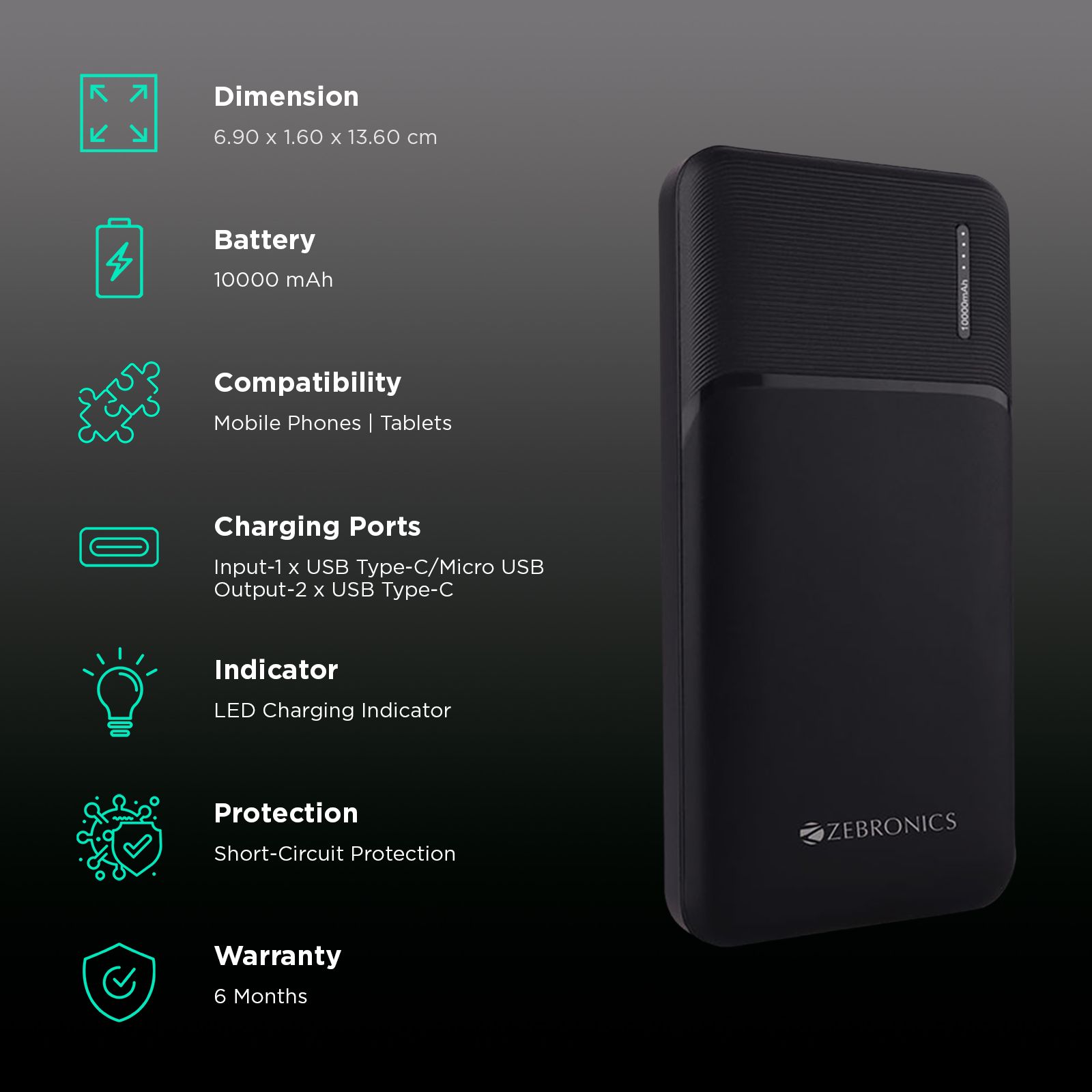 ZEBRONICS 10000 mAh Power Bank (2 Type A, 1 Type C & 1 Micro USB Ports, LED Indicator, Black)_3